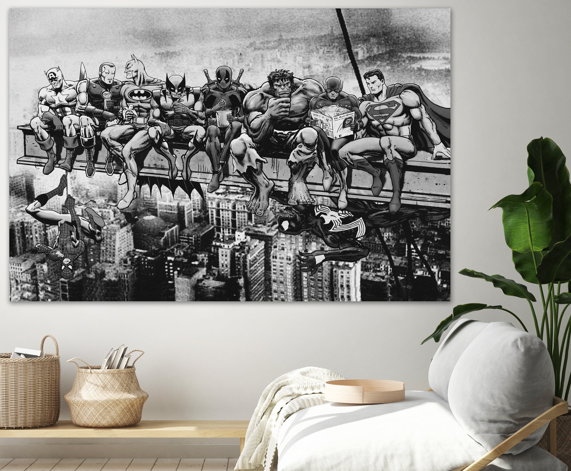 Marvel & DC Superheroes Lunch Atop A Skyscraper -B/W Edition by Dan Avenell on GIANT ART - gray digital painting