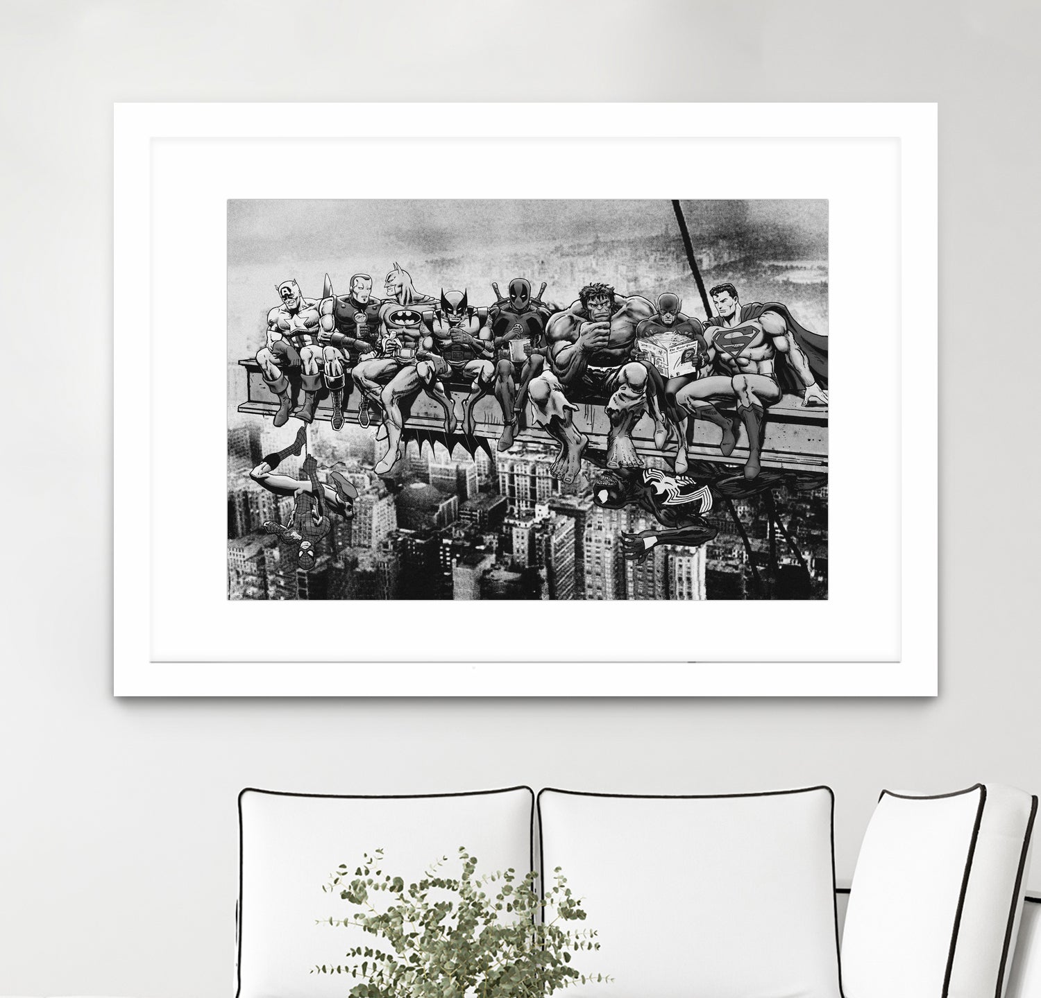 Marvel & DC Superheroes Lunch Atop A Skyscraper -B/W Edition by Dan Avenell on GIANT ART - gray digital painting