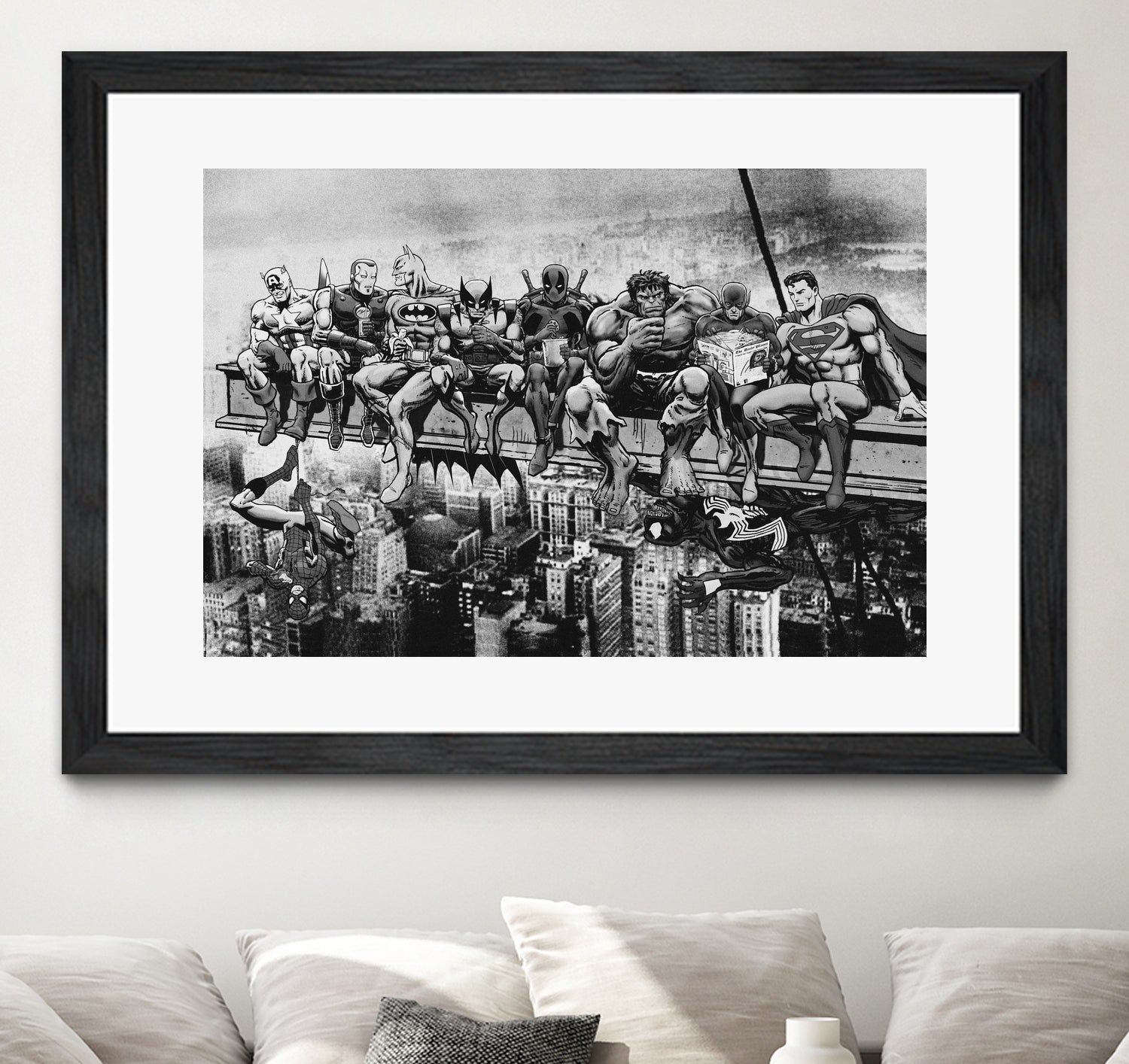 Marvel & DC Superheroes Lunch Atop A Skyscraper -B/W Edition by Dan Avenell on GIANT ART - gray digital painting