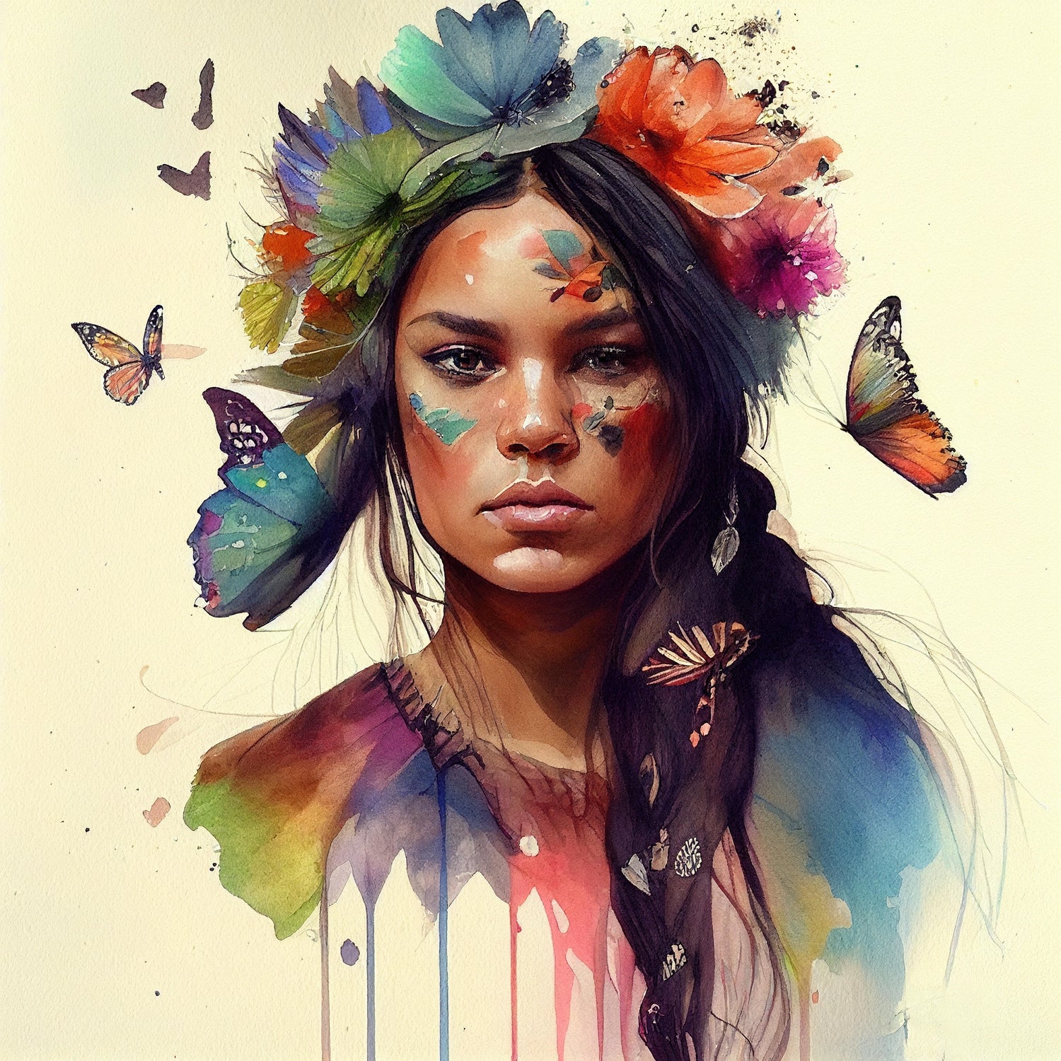 Watercolor Floral Indian Native Woman #11 by Isabel Cerdá Muñoz on GIANT ART - brown digital painting