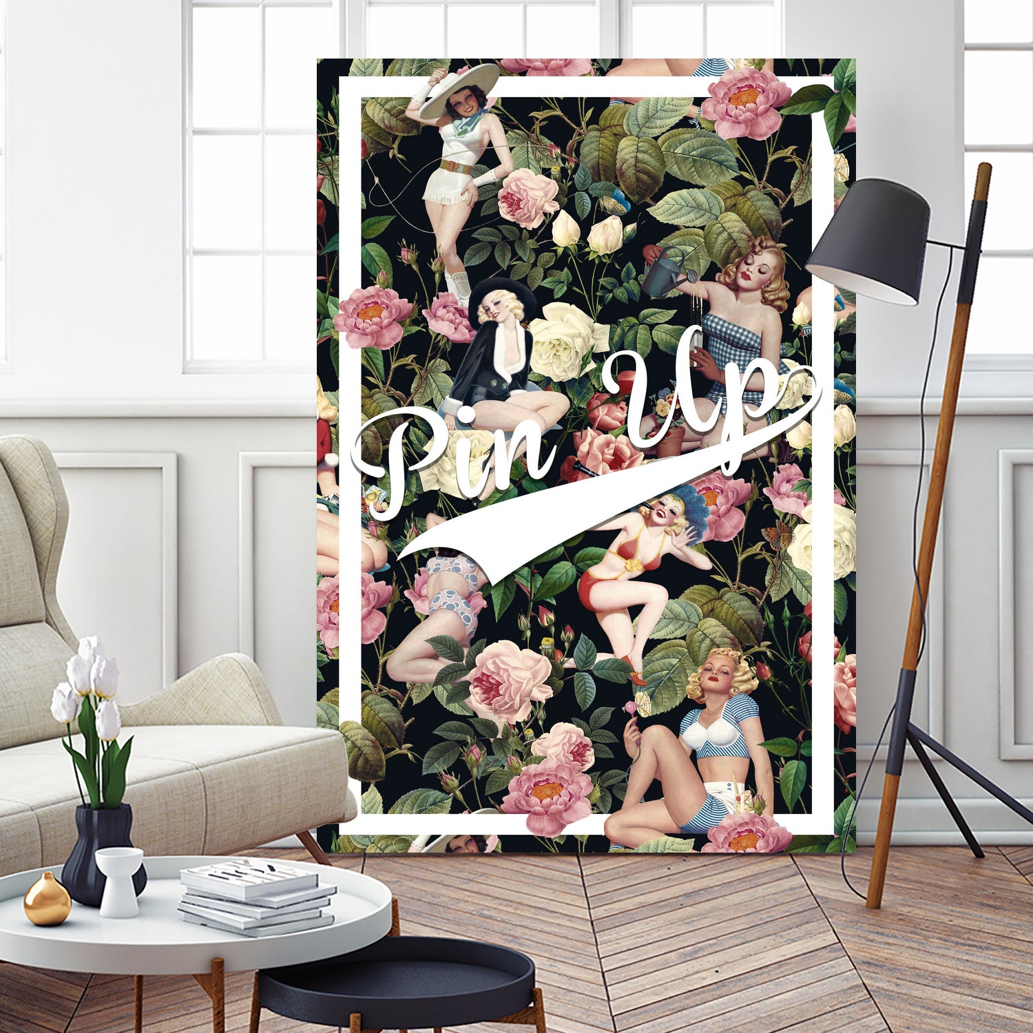 Floral and Pin Up Girls Pattern by burcu korkmazyurek on GIANT ART - black digital painting