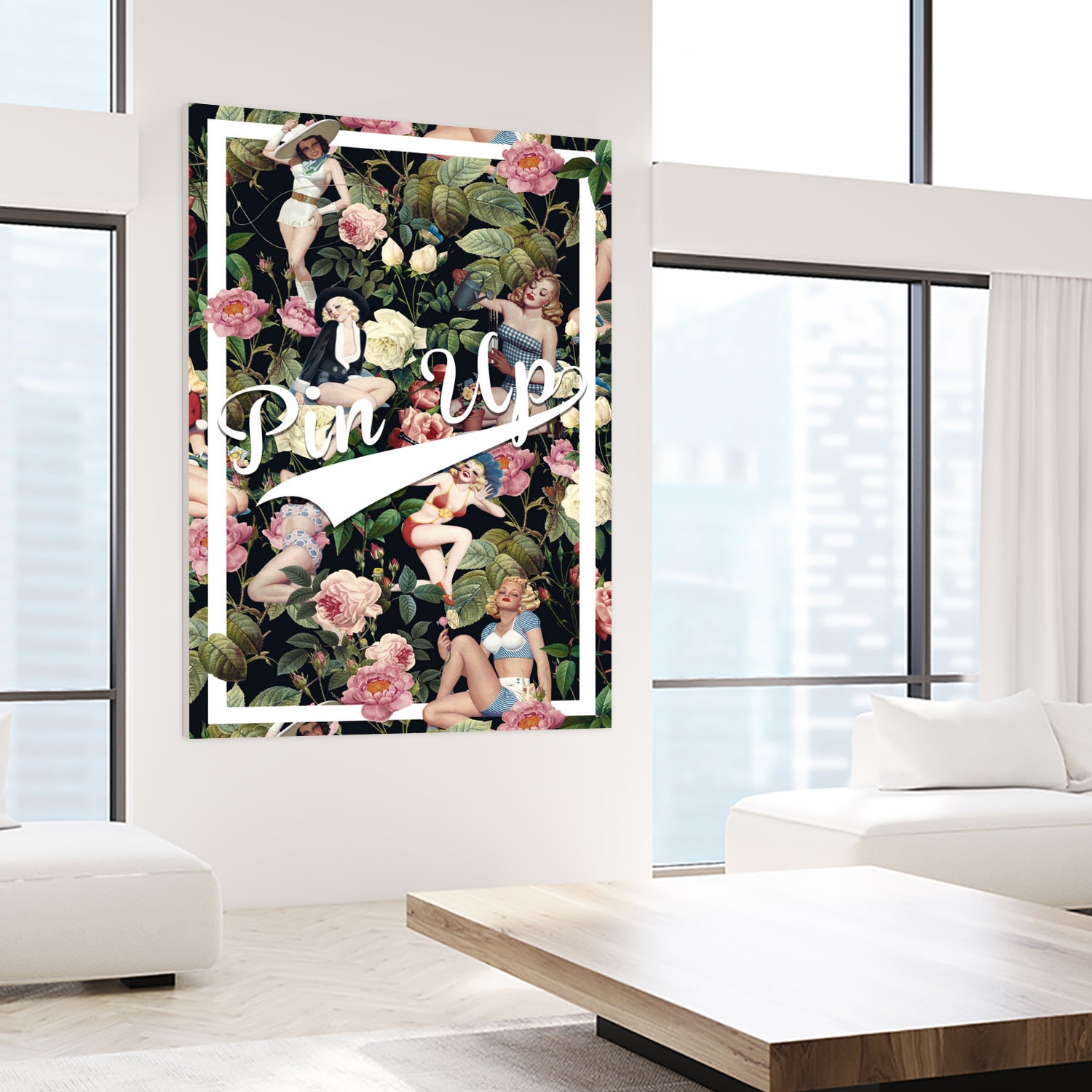 Floral and Pin Up Girls Pattern by burcu korkmazyurek on GIANT ART - black digital painting