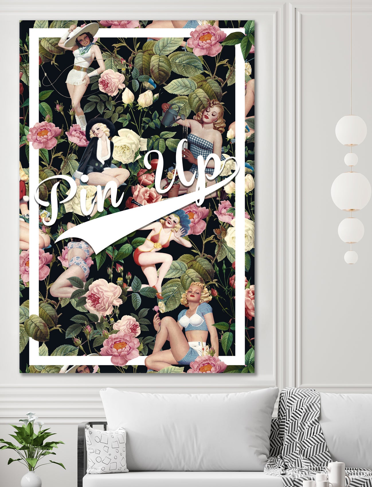 Floral and Pin Up Girls Pattern by burcu korkmazyurek on GIANT ART - black digital painting