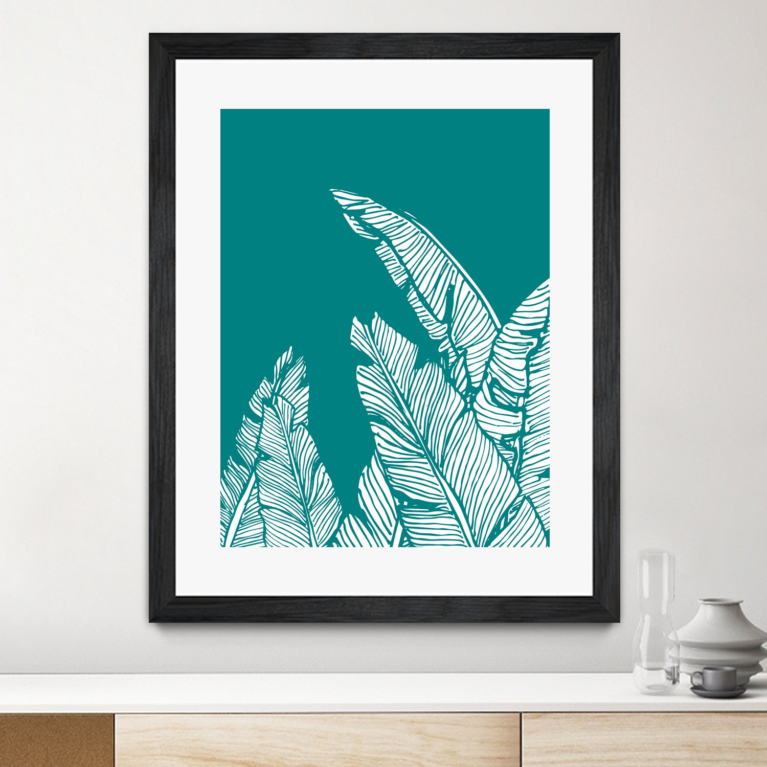 Banana Leaves on Teal by Daniela di Niro on GIANT ART - blue digital drawing