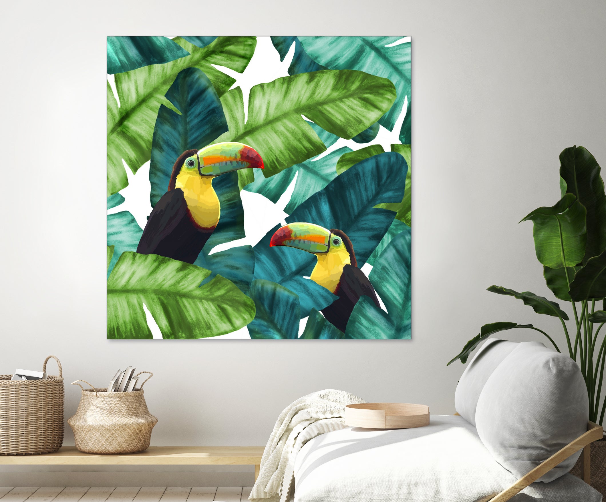 Toucans Tropical Banana Leaves Pattern by Brigitte Carre on GIANT ART - green digital painting