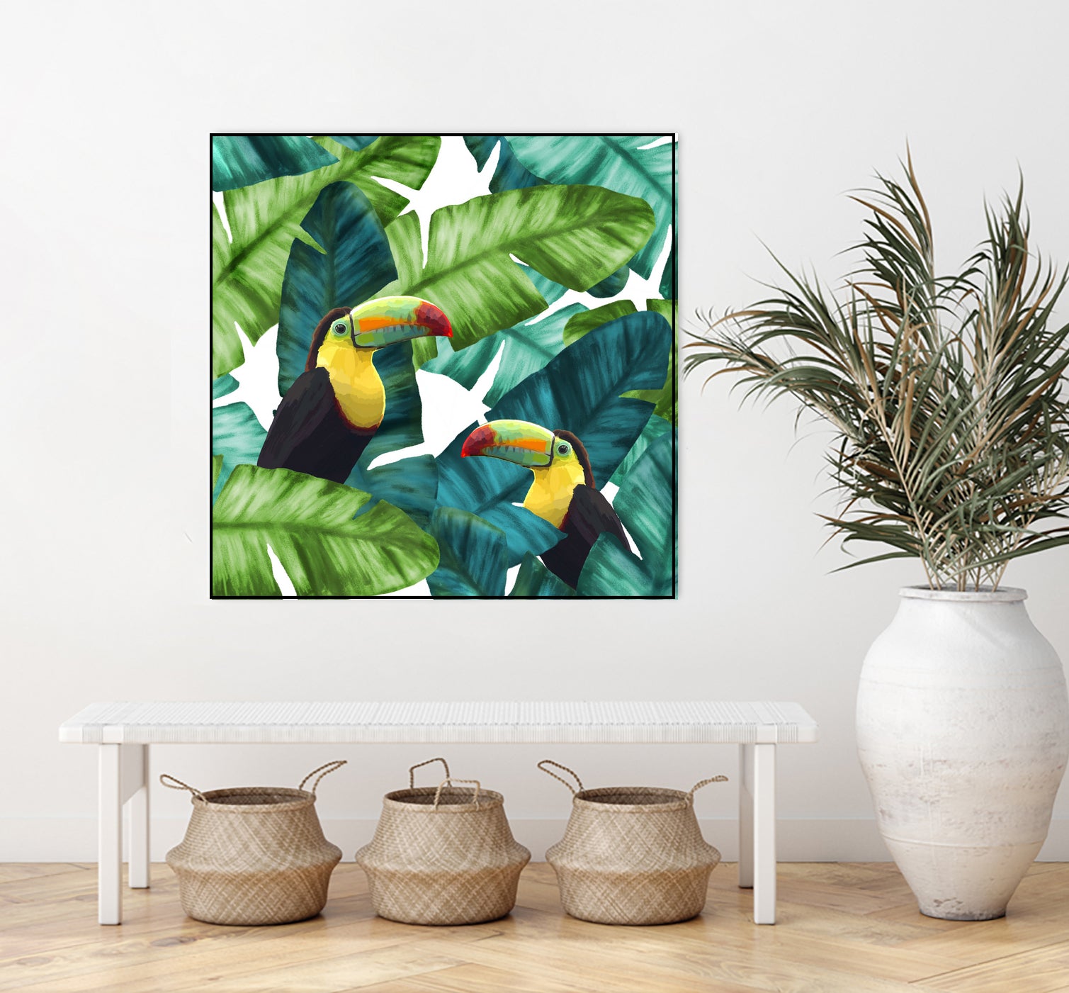 Toucans Tropical Banana Leaves Pattern by Brigitte Carre on GIANT ART - green digital painting