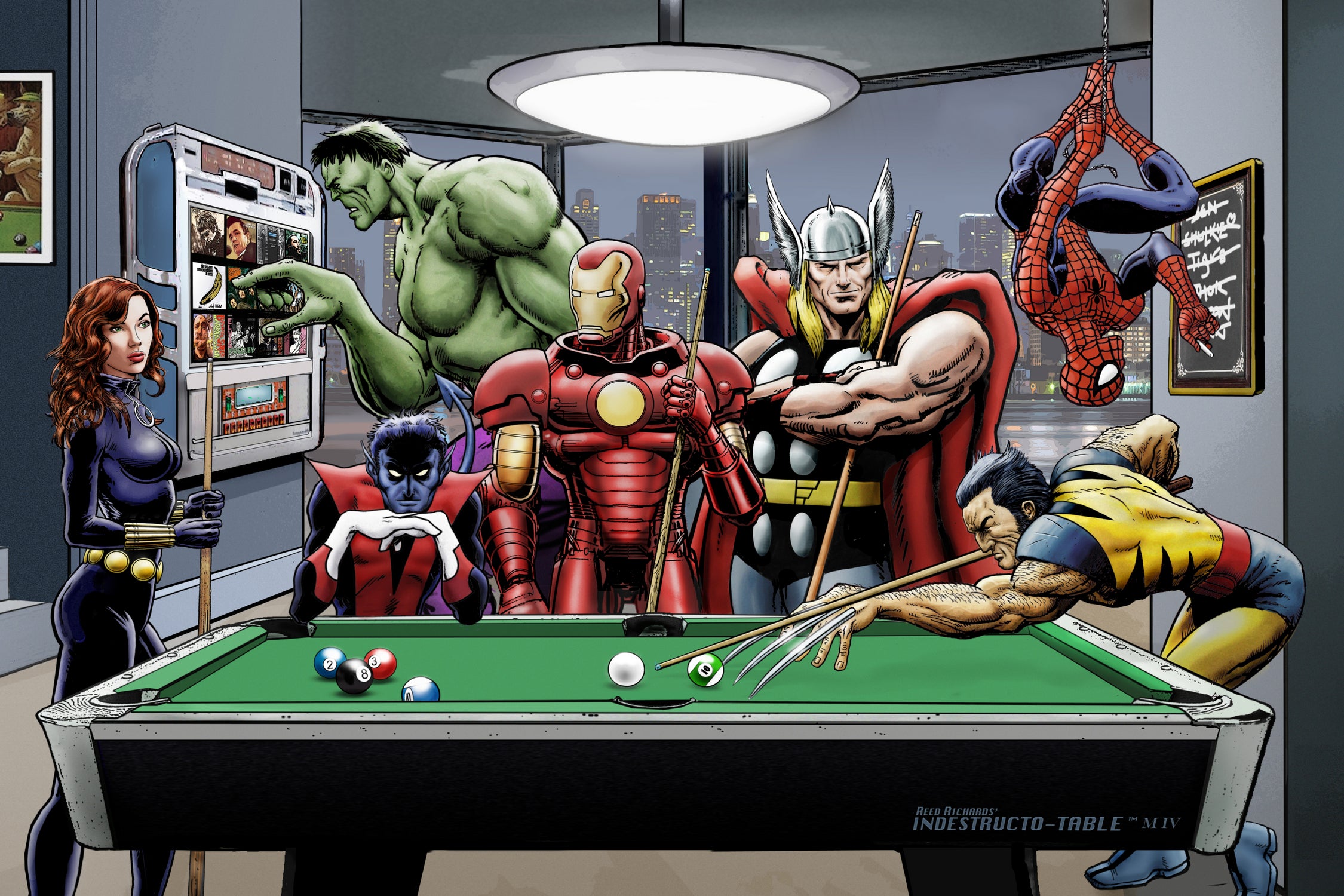 Afterhours: Marvel Superheroes Relax Playing Pool by Dan Avenell on GIANT ART - green digital painting