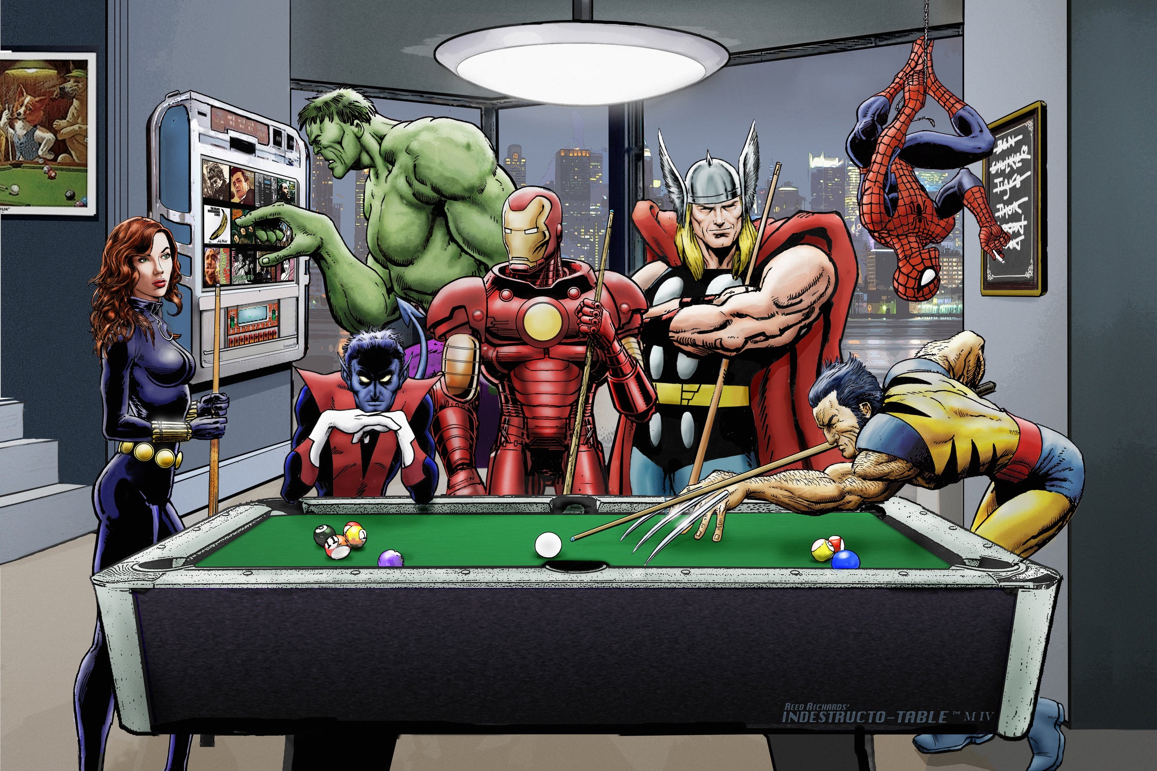 Afterhours: Marvel Superheroes Relax Playing Pool by Dan Avenell on GIANT ART - green digital painting