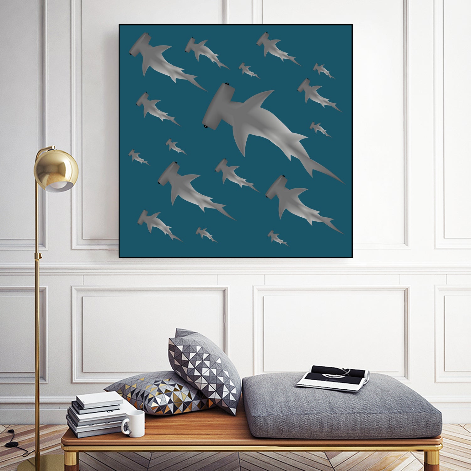 School of hammerhead sharks by Rodrigo Esparza-Salas on GIANT ART - blue digital drawing