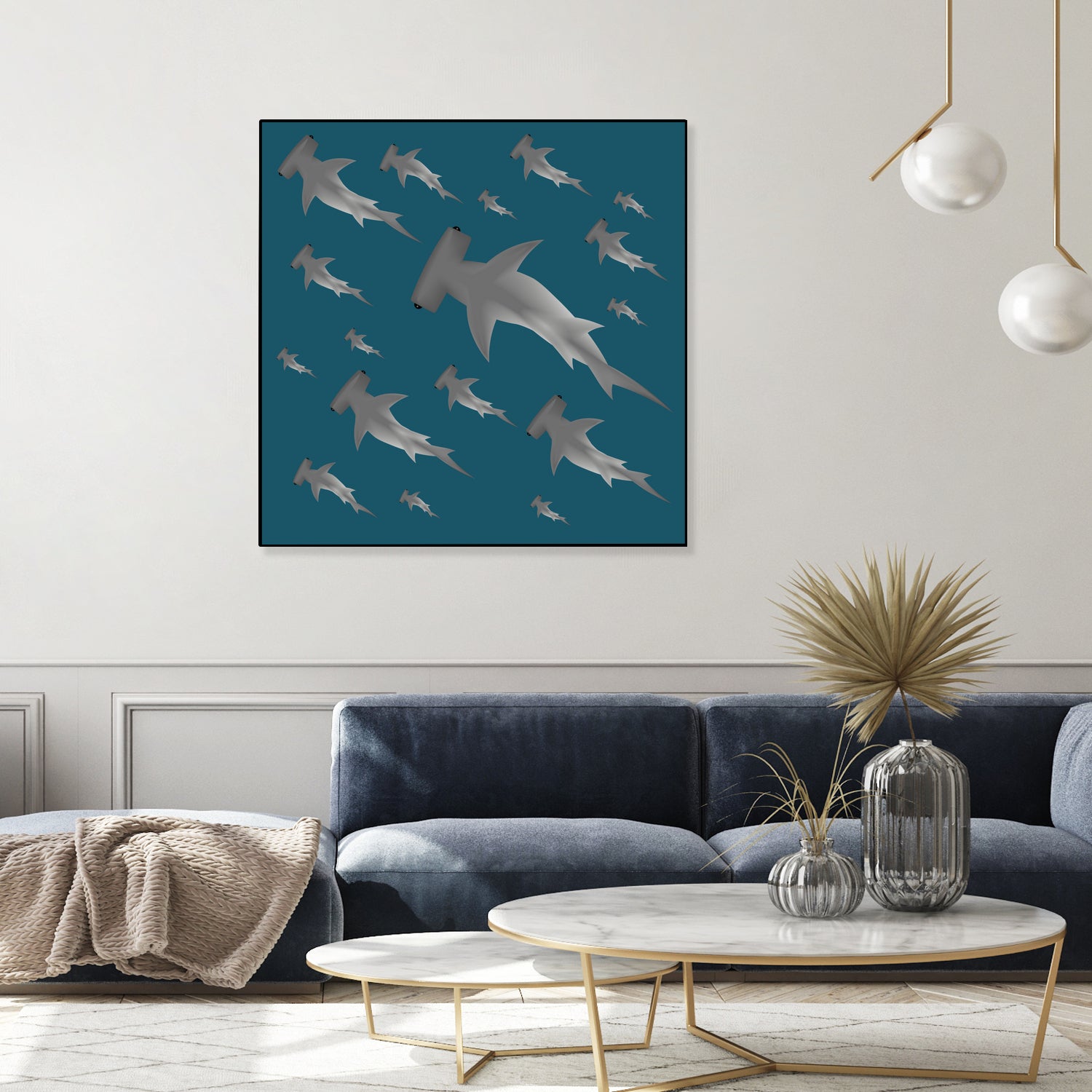 School of hammerhead sharks by Rodrigo Esparza-Salas on GIANT ART - blue digital drawing