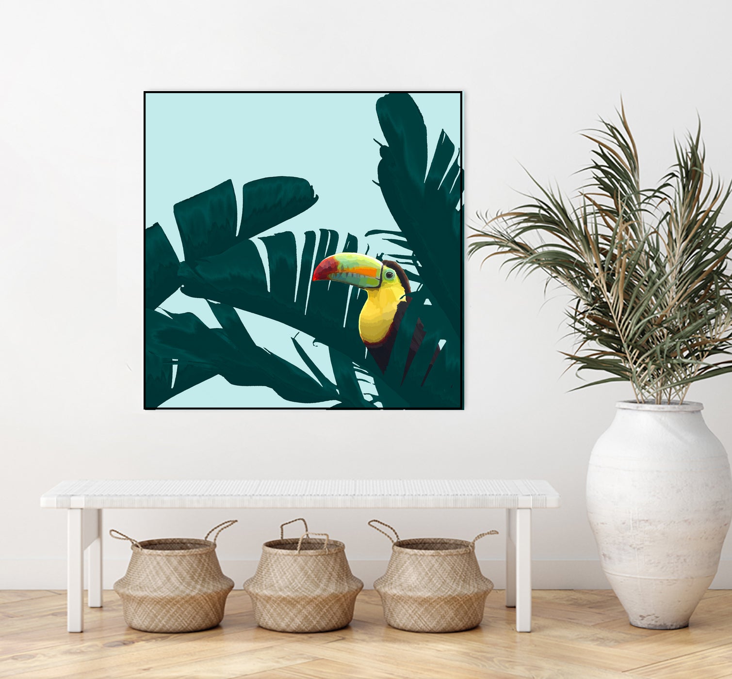 Green Toucan Tropical Banana Leaves Pattern by Brigitte Carre on GIANT ART - green digital painting