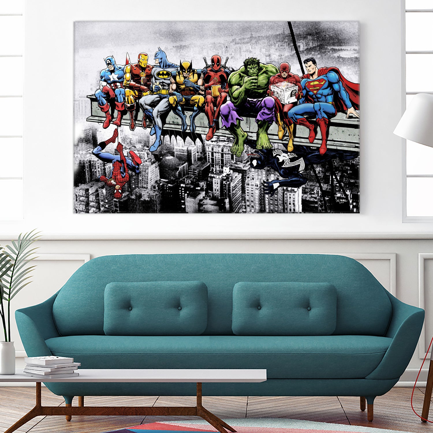 Marvel and DC Superheroes Lunch Atop A Skyscraper by Dan Avenell on GIANT ART - red digital painting