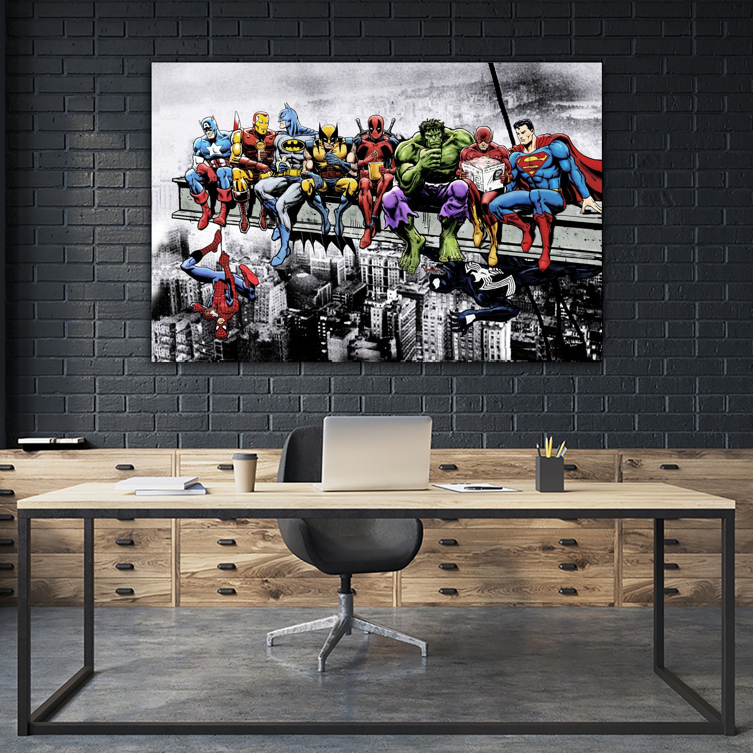 Marvel and DC Superheroes Lunch Atop A Skyscraper by Dan Avenell on GIANT ART - red digital painting