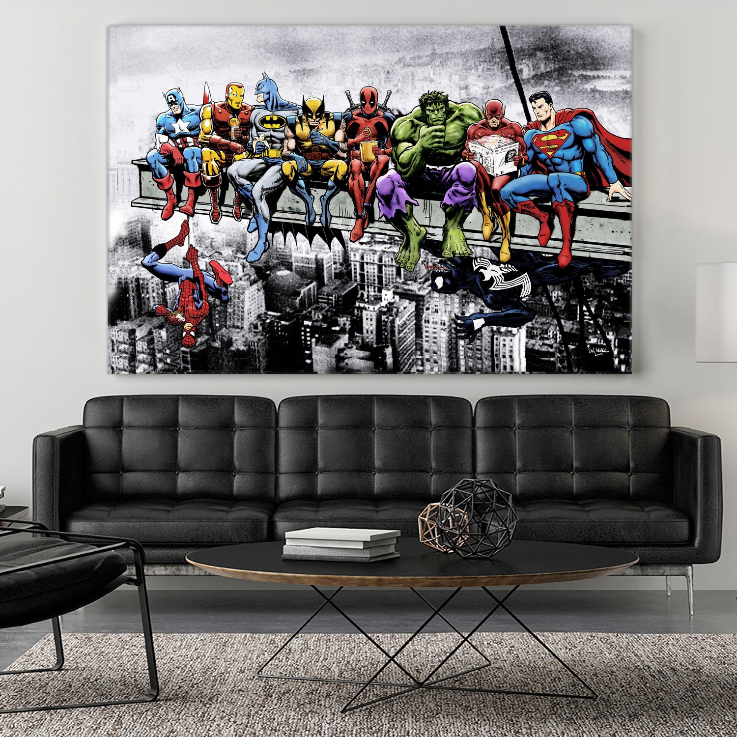 Marvel and DC Superheroes Lunch Atop A Skyscraper by Dan Avenell on GIANT ART - red digital painting