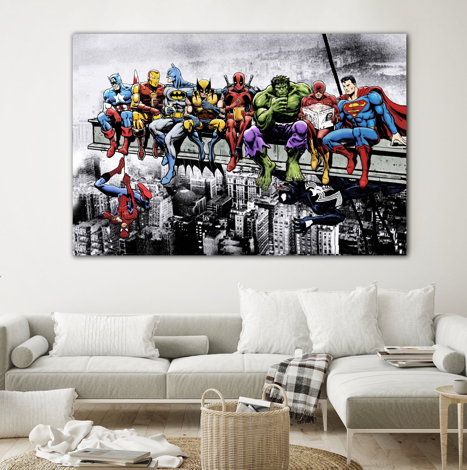 Marvel and DC Superheroes Lunch Atop A Skyscraper by Dan Avenell on GIANT ART - red digital painting