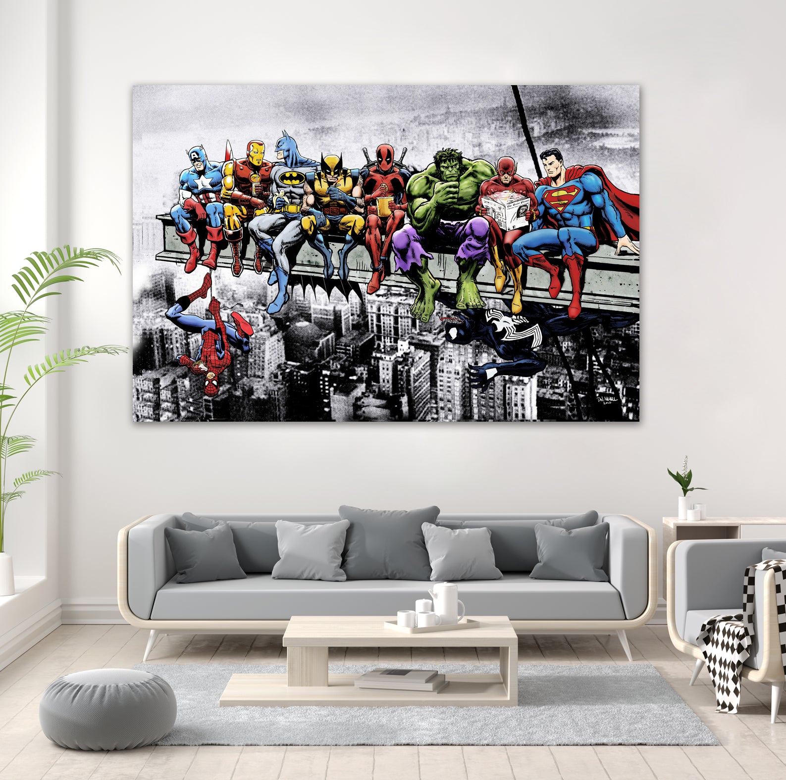 Marvel and DC Superheroes Lunch Atop A Skyscraper by Dan Avenell on GIANT ART - red digital painting