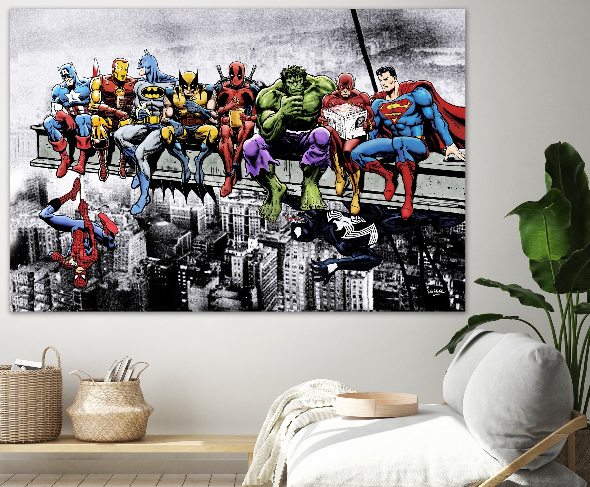 Marvel and DC Superheroes Lunch Atop A Skyscraper by Dan Avenell on GIANT ART - red digital painting