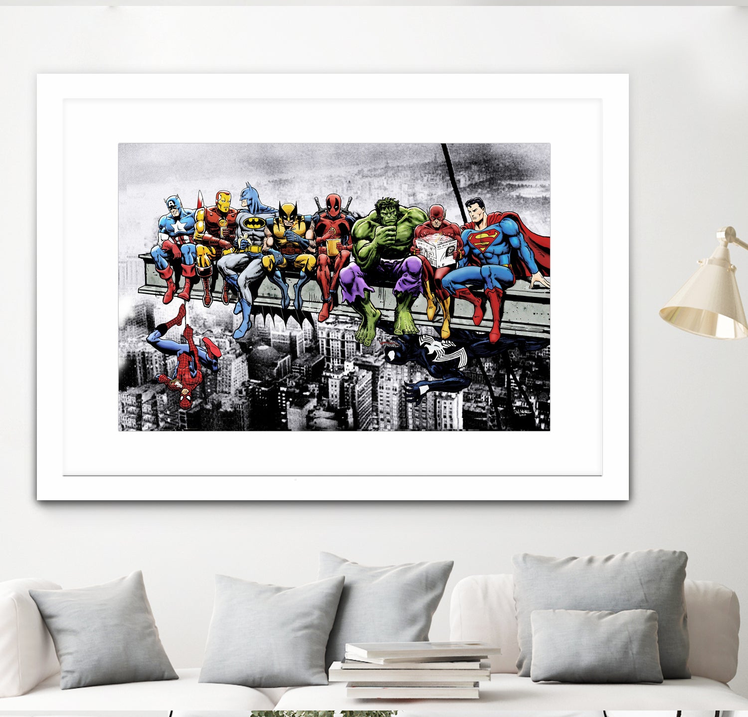 Marvel and DC Superheroes Lunch Atop A Skyscraper by Dan Avenell on GIANT ART - red digital painting