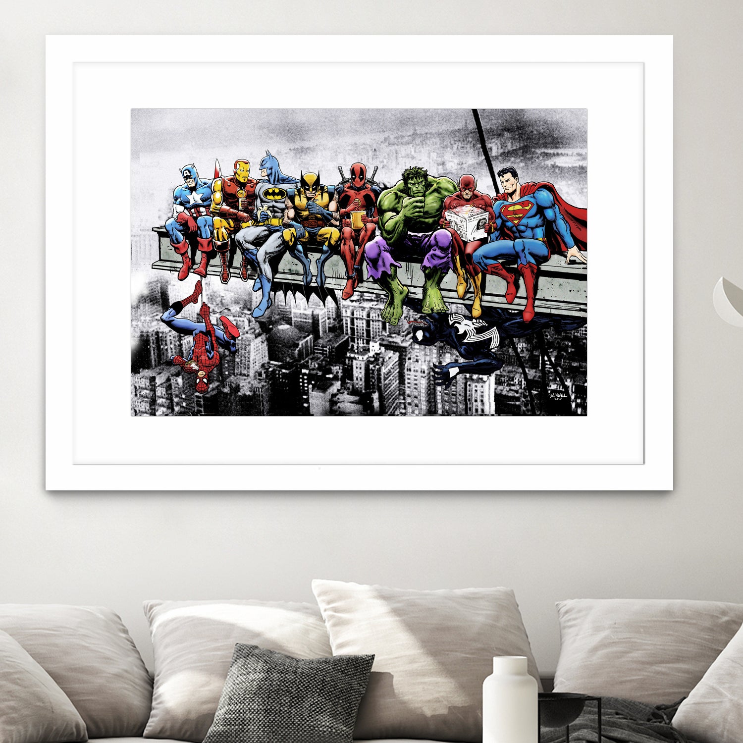 Marvel and DC Superheroes Lunch Atop A Skyscraper by Dan Avenell on GIANT ART - red digital painting