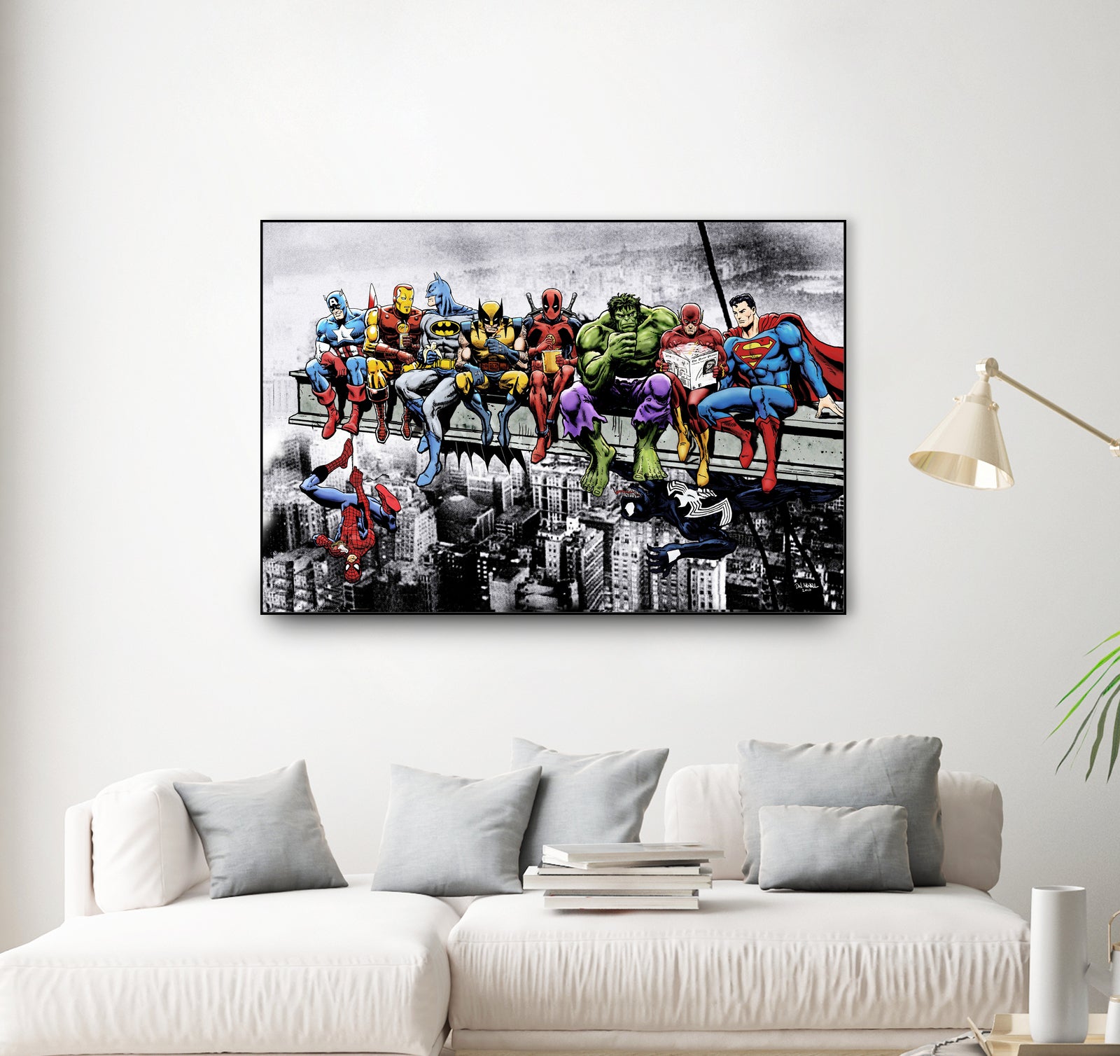 Marvel and DC Superheroes Lunch Atop A Skyscraper by Dan Avenell on GIANT ART - red digital painting