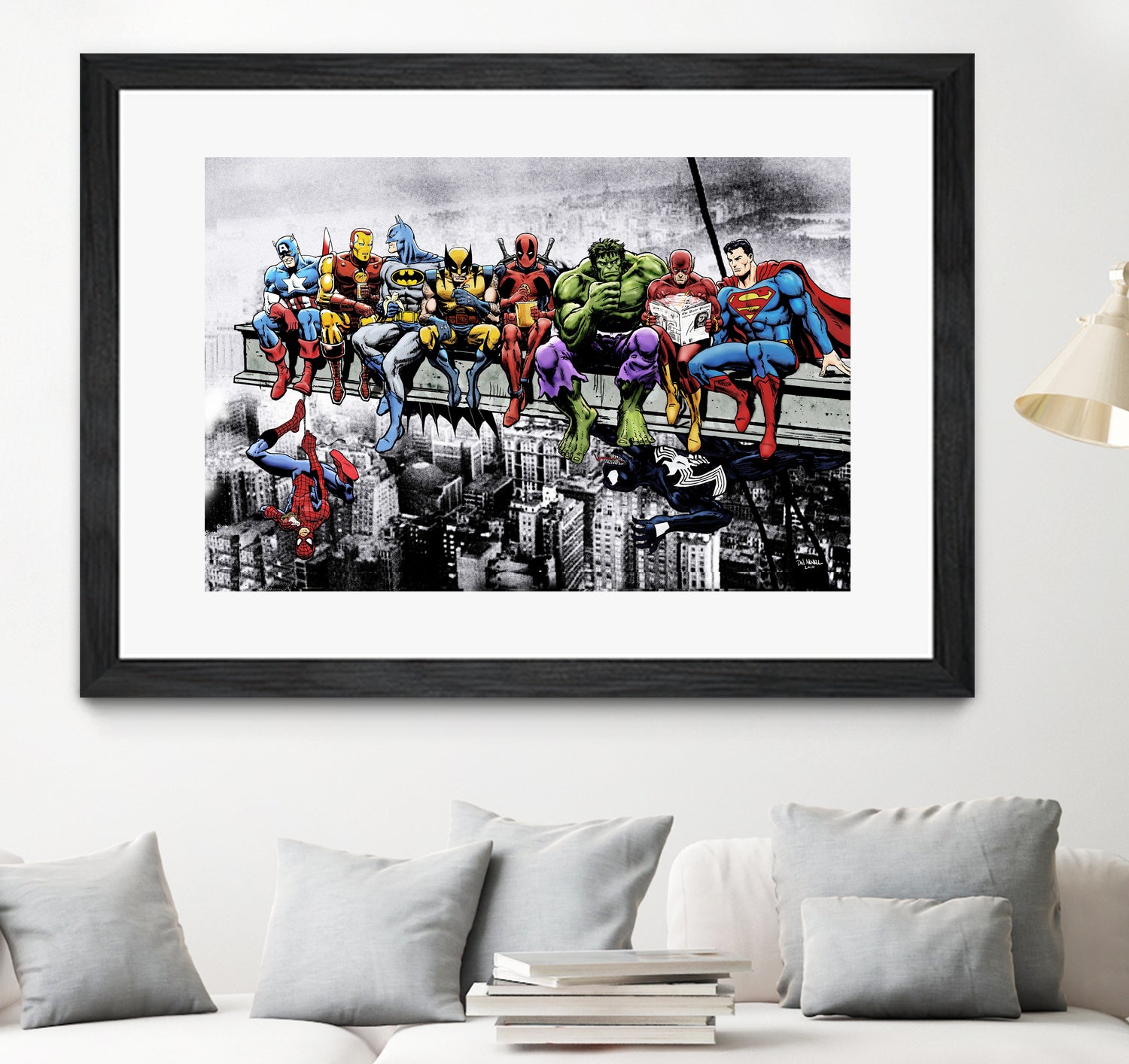 Marvel and DC Superheroes Lunch Atop A Skyscraper by Dan Avenell on GIANT ART - red digital painting