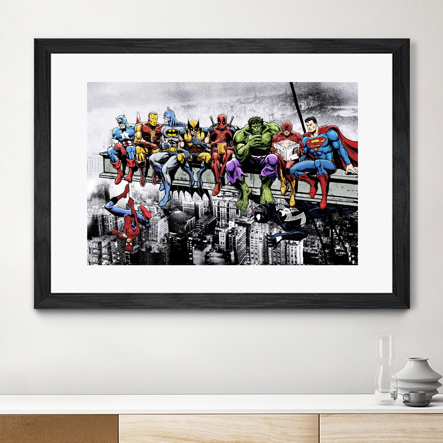 Marvel and DC Superheroes Lunch Atop A Skyscraper by Dan Avenell on GIANT ART - red digital painting