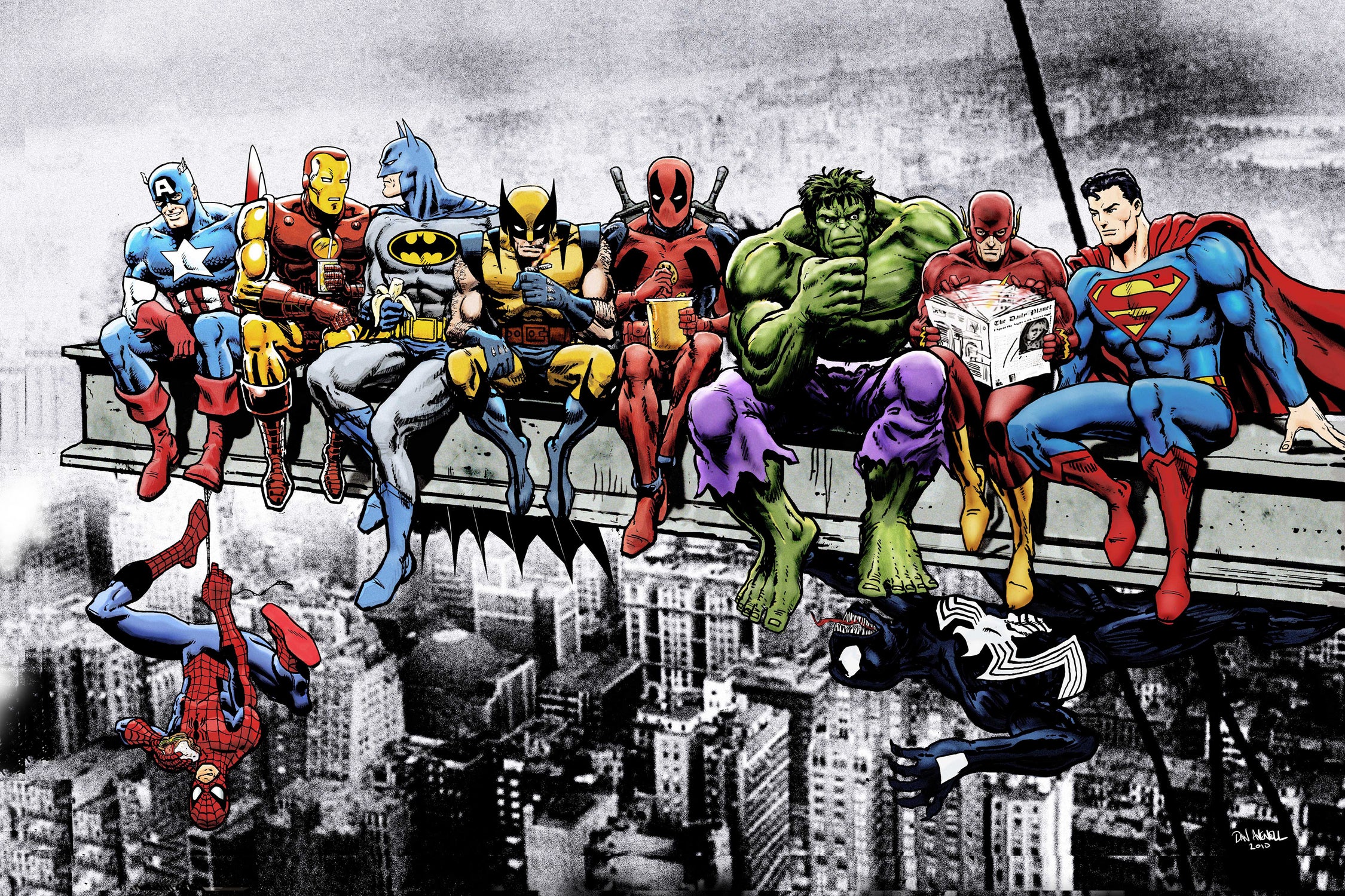 Marvel and DC Superheroes Lunch Atop A Skyscraper by Dan Avenell on GIANT ART - red digital painting