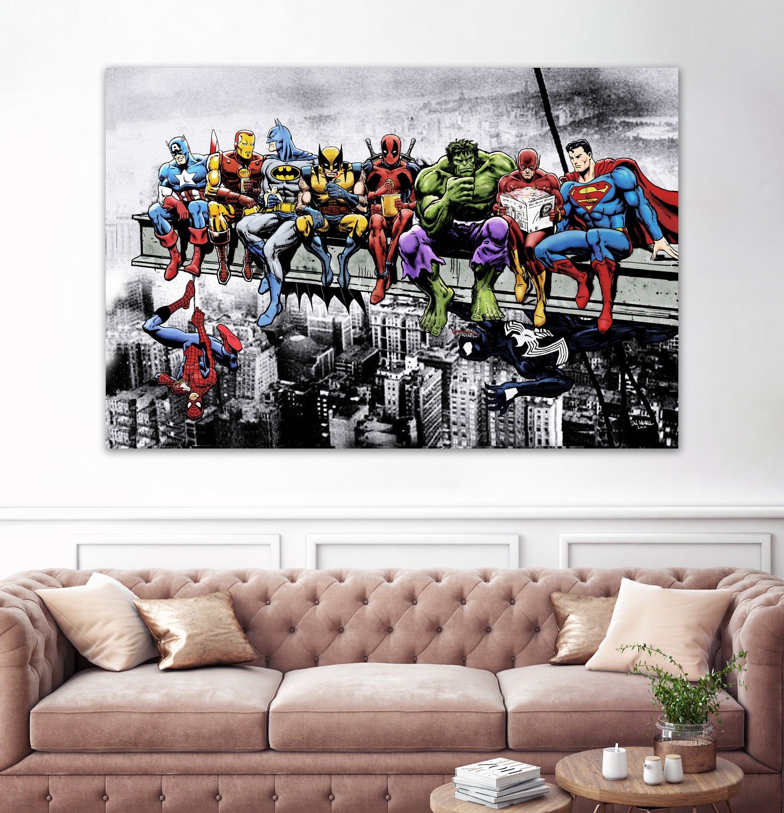 Marvel and DC Superheroes Lunch Atop A Skyscraper by Dan Avenell on GIANT ART - red digital painting