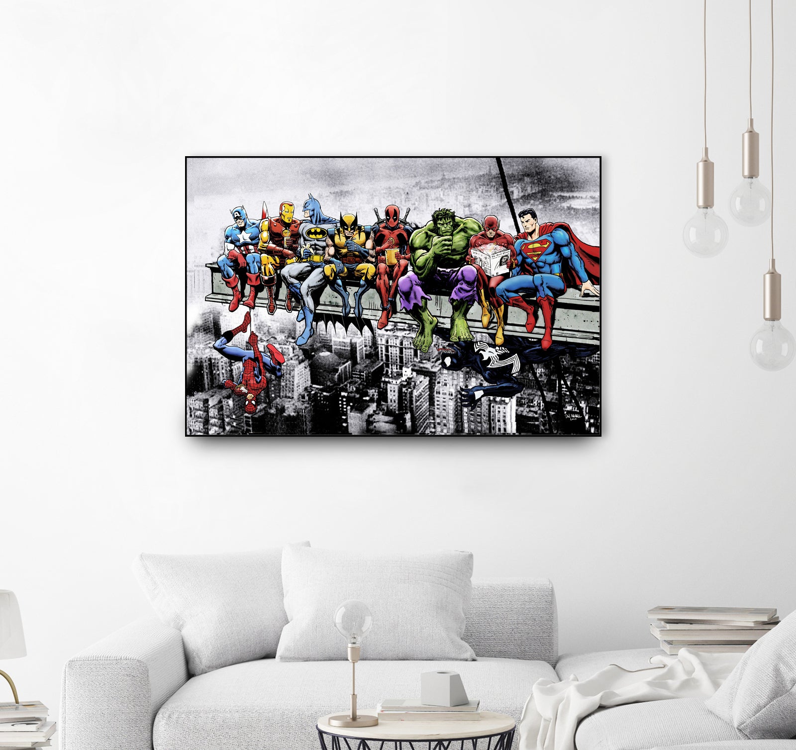 Marvel and DC Superheroes Lunch Atop A Skyscraper by Dan Avenell on GIANT ART - red digital painting