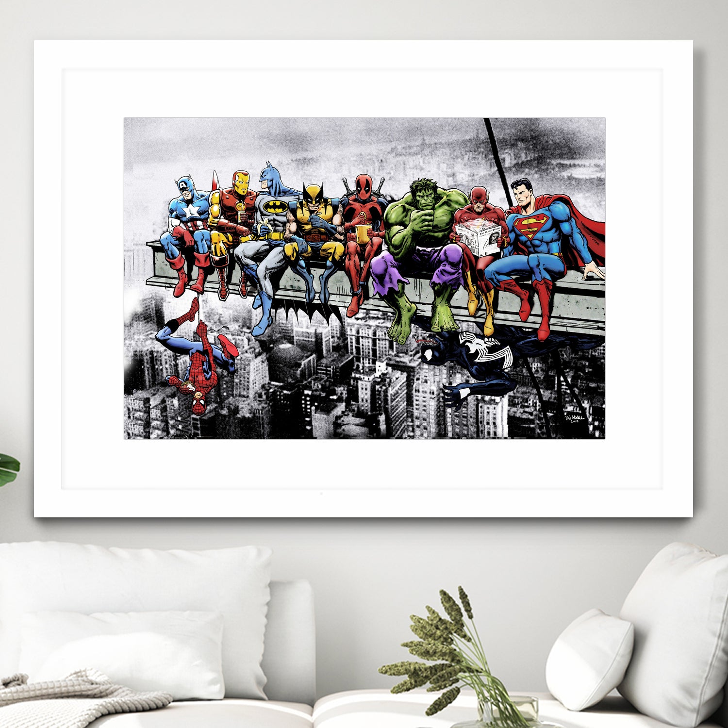 Marvel and DC Superheroes Lunch Atop A Skyscraper by Dan Avenell on GIANT ART - red digital painting