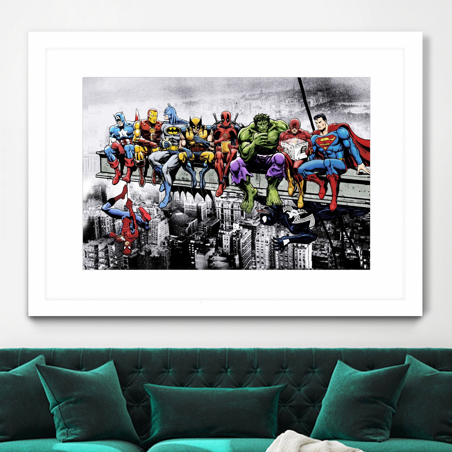 Marvel and DC Superheroes Lunch Atop A Skyscraper by Dan Avenell on GIANT ART - red digital painting