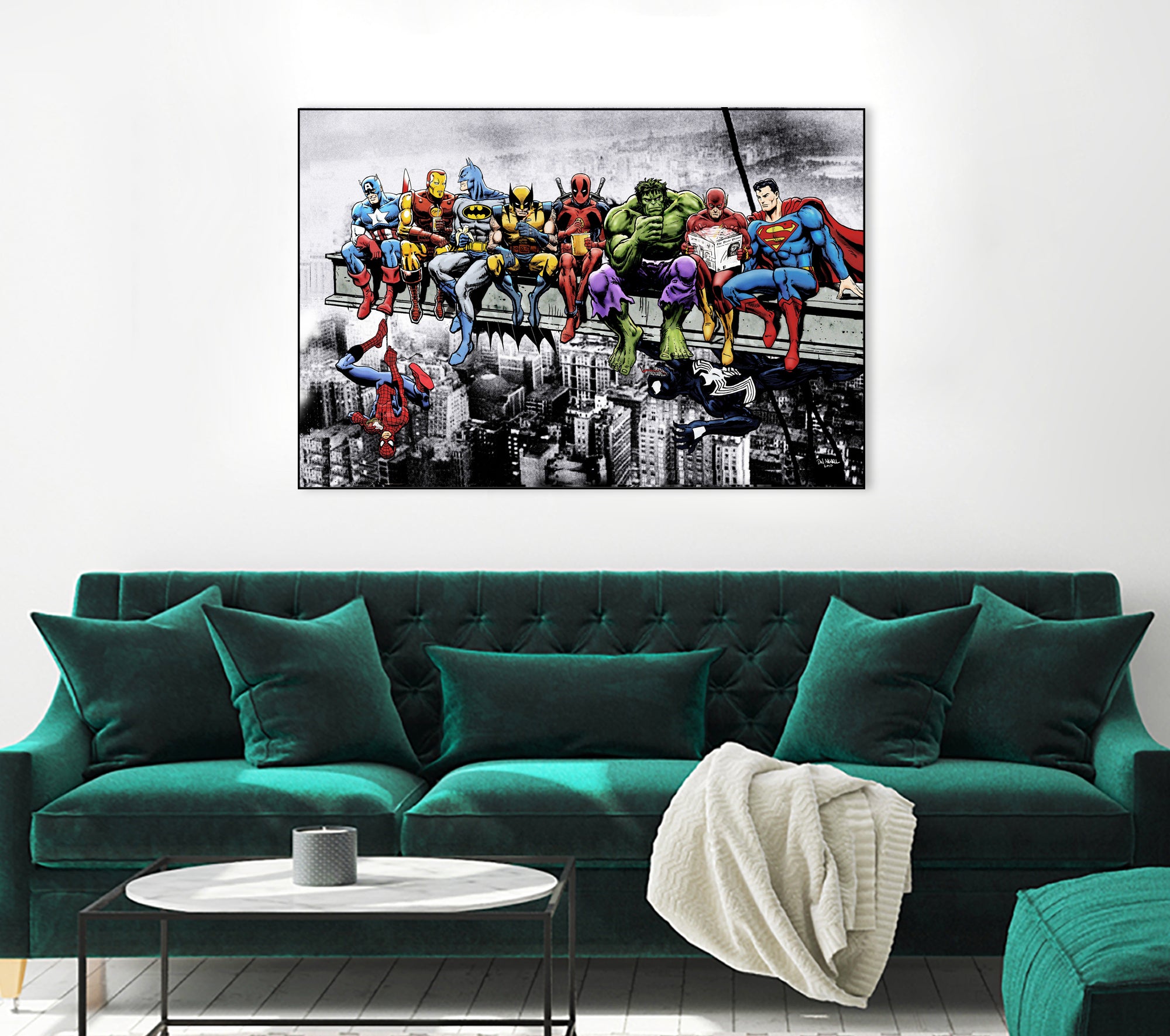 Marvel and DC Superheroes Lunch Atop A Skyscraper by Dan Avenell on GIANT ART - red digital painting