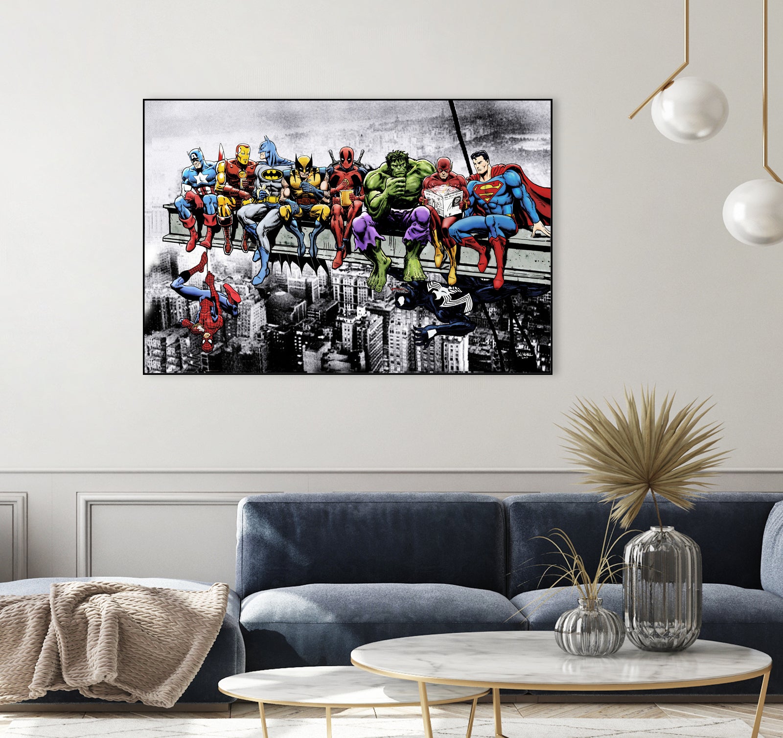 Marvel and DC Superheroes Lunch Atop A Skyscraper by Dan Avenell on GIANT ART - red digital painting