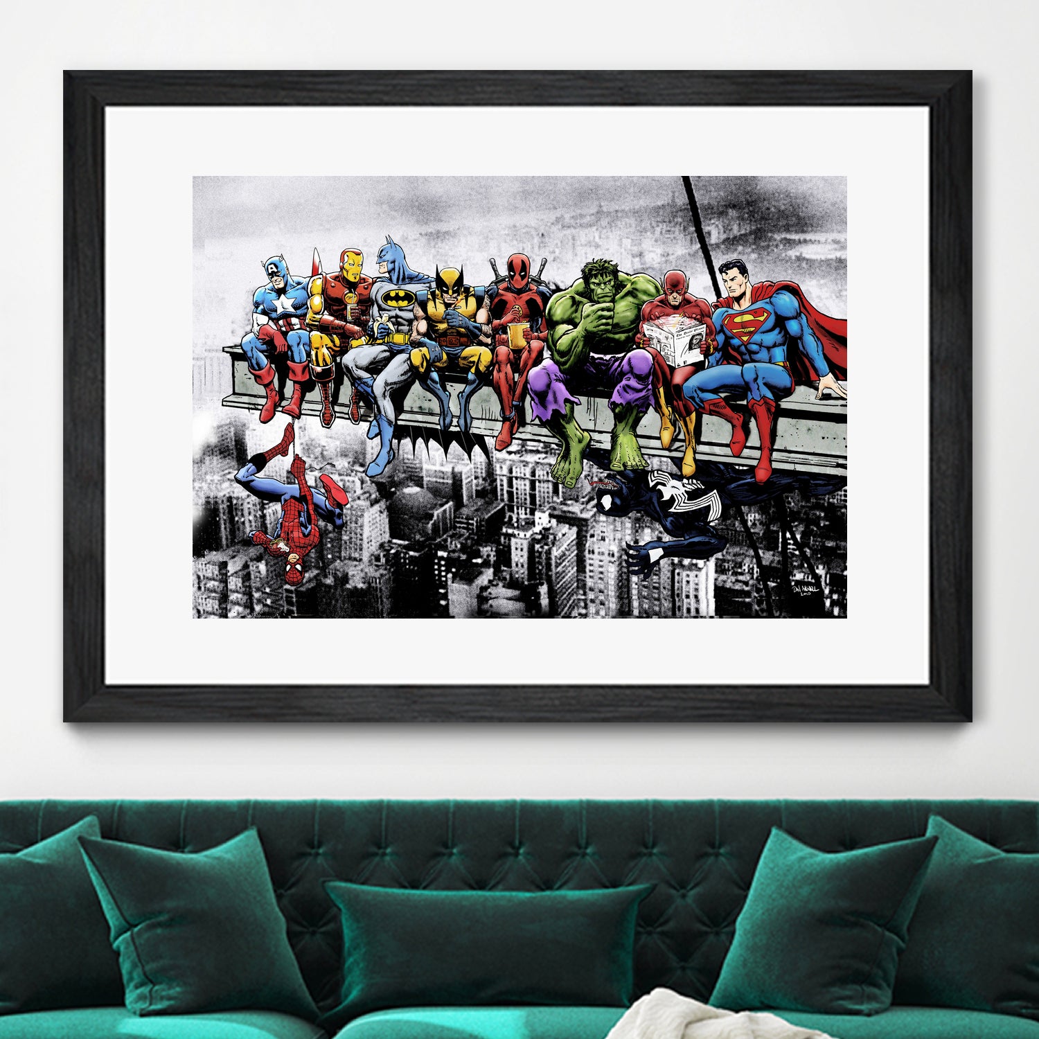 Marvel and DC Superheroes Lunch Atop A Skyscraper by Dan Avenell on GIANT ART - red digital painting