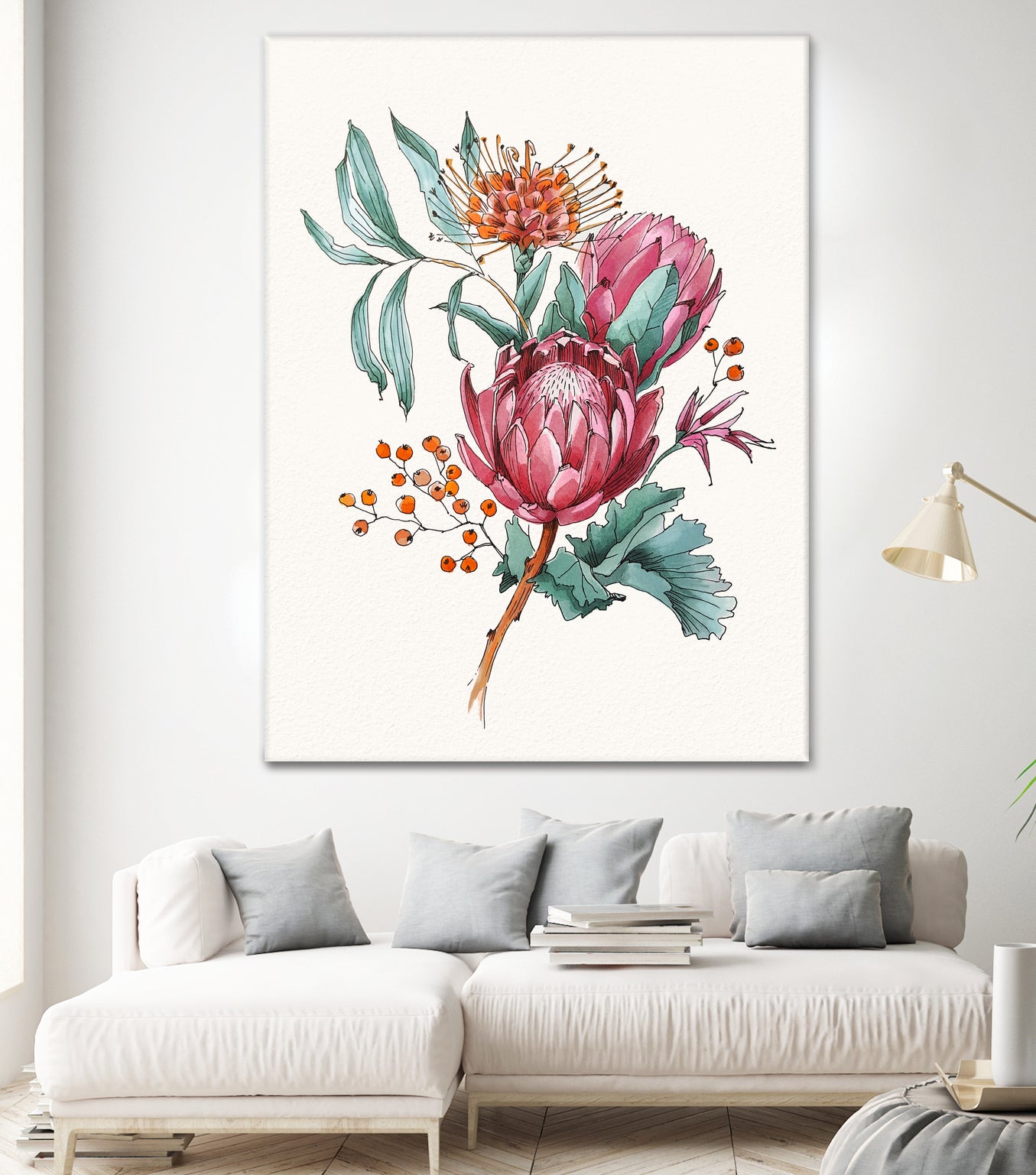 King protea flowers watercolor illustration by Two Lips on GIANT ART - pink digital drawing