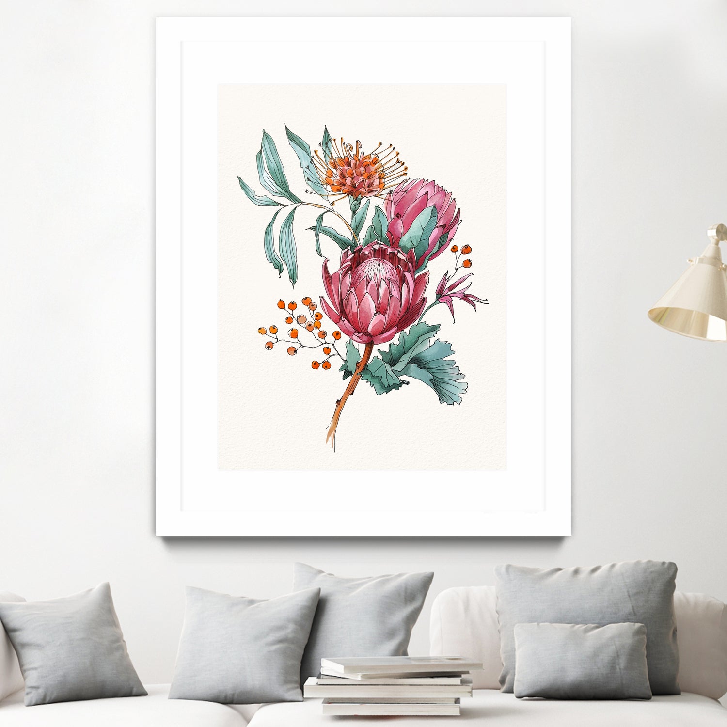 King protea flowers watercolor illustration by Two Lips on GIANT ART - pink digital drawing