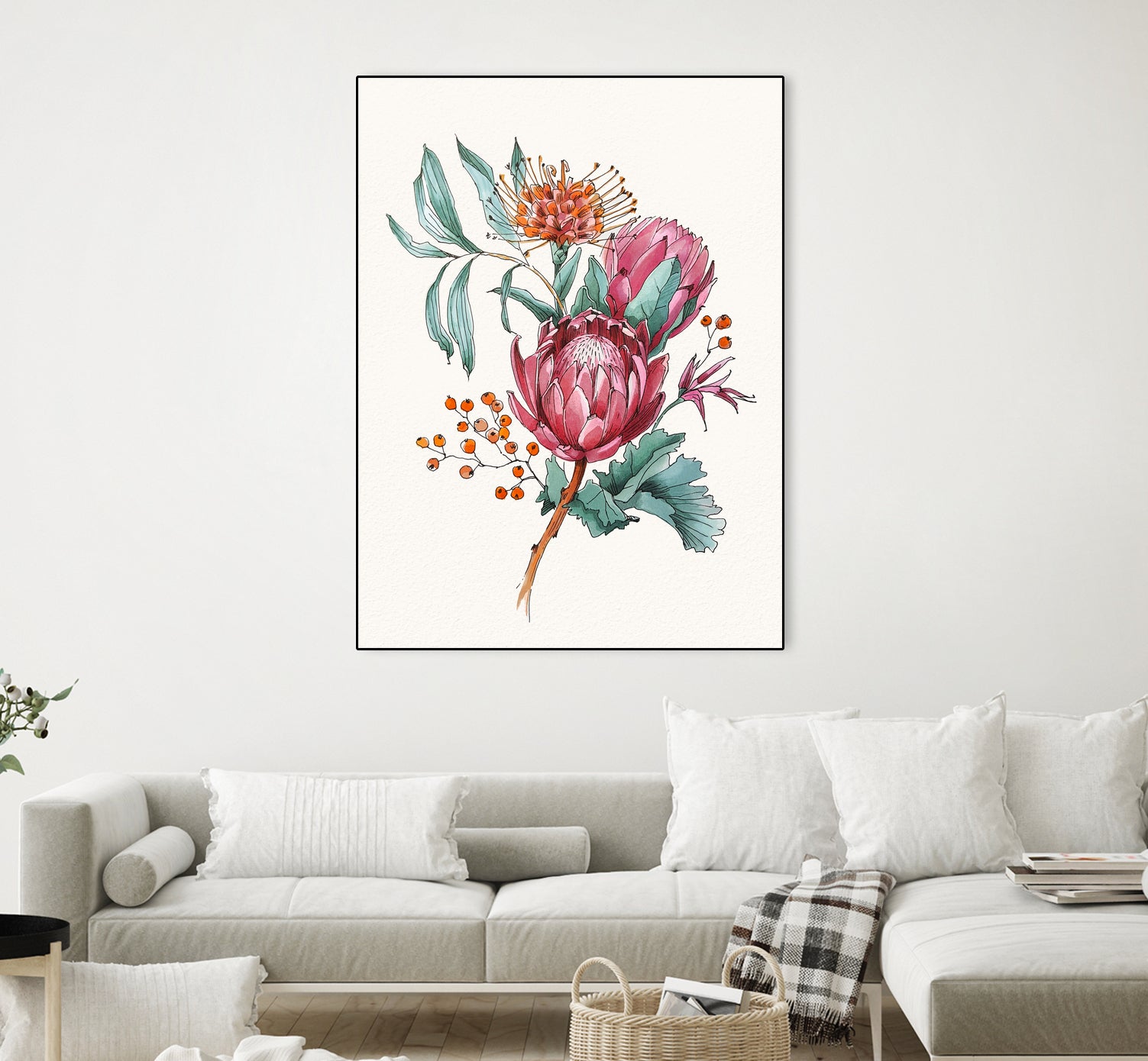 King protea flowers watercolor illustration by Two Lips on GIANT ART - pink digital drawing