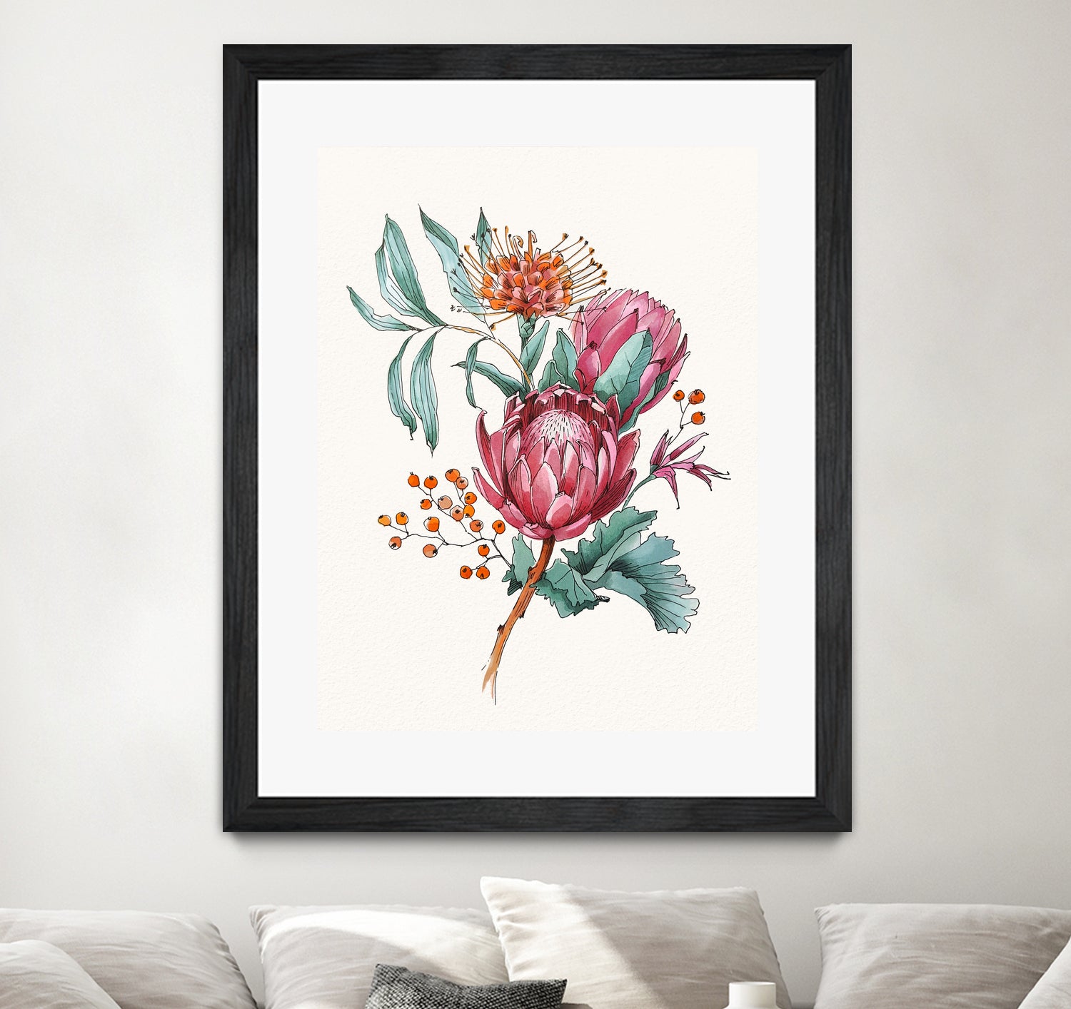 King protea flowers watercolor illustration by Two Lips on GIANT ART - pink digital drawing