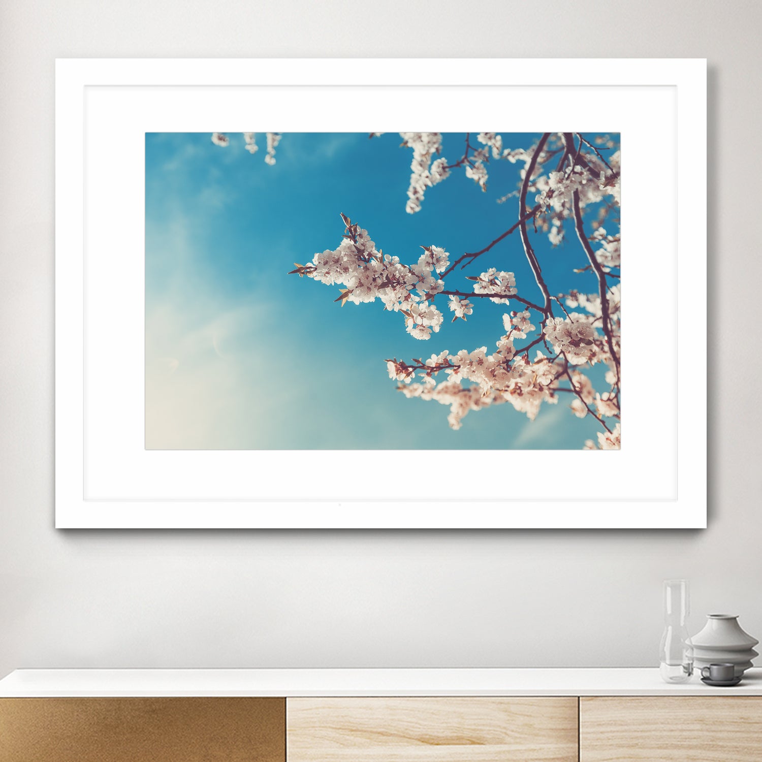 Spring Cherry Sakura White Flowers,Toning by Anna Matveeva on GIANT ART - blue photo illustration