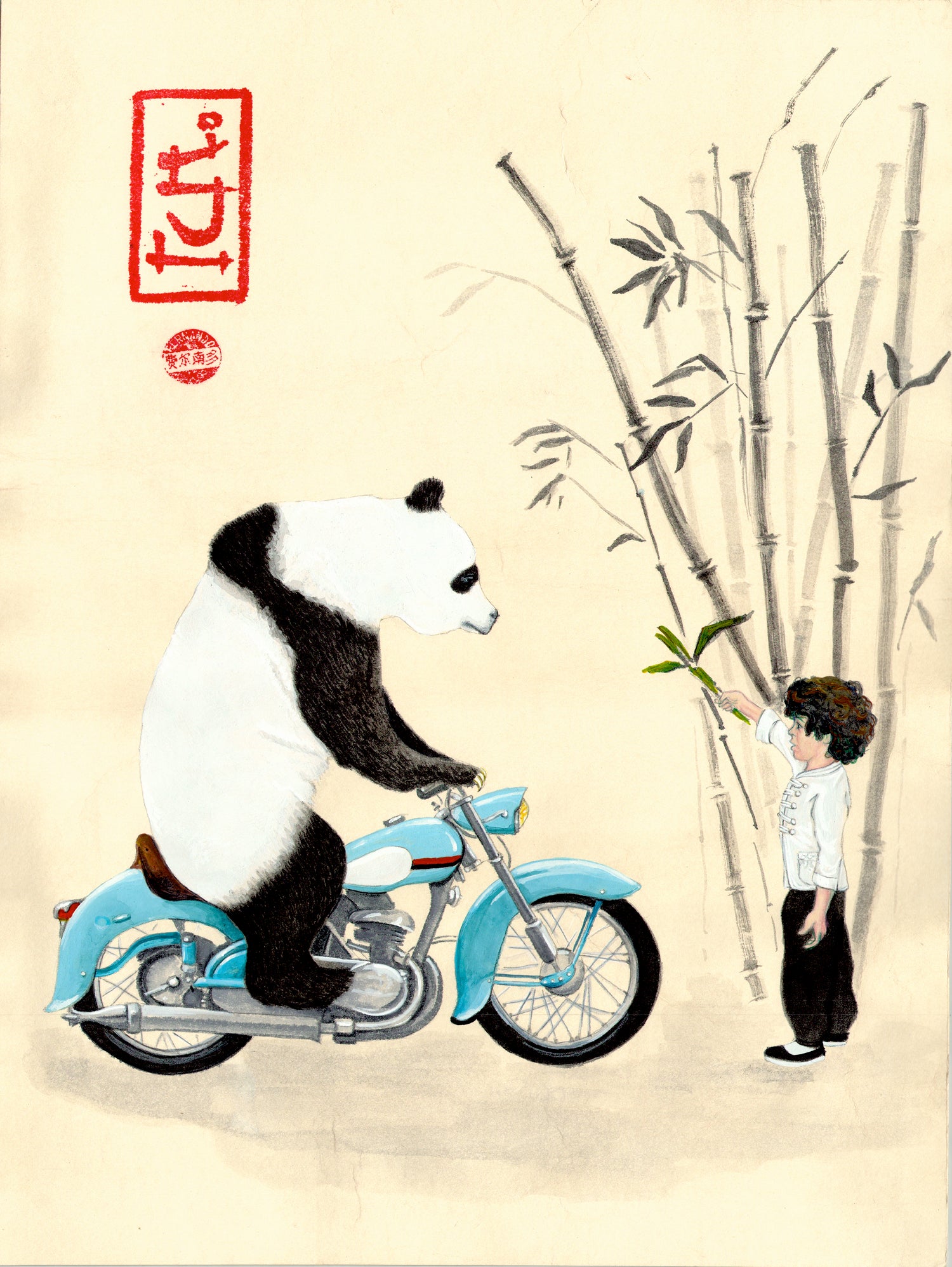 Óliver and the panda by Luis Fernando Montilla Sánchez on GIANT ART - yellow mixed media