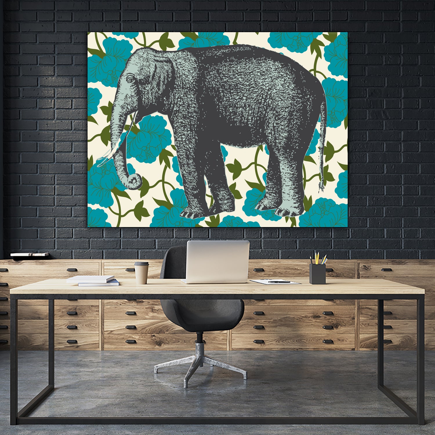 Elephant Floral Aqua by Thomas Fernez on GIANT ART - blue digital drawing