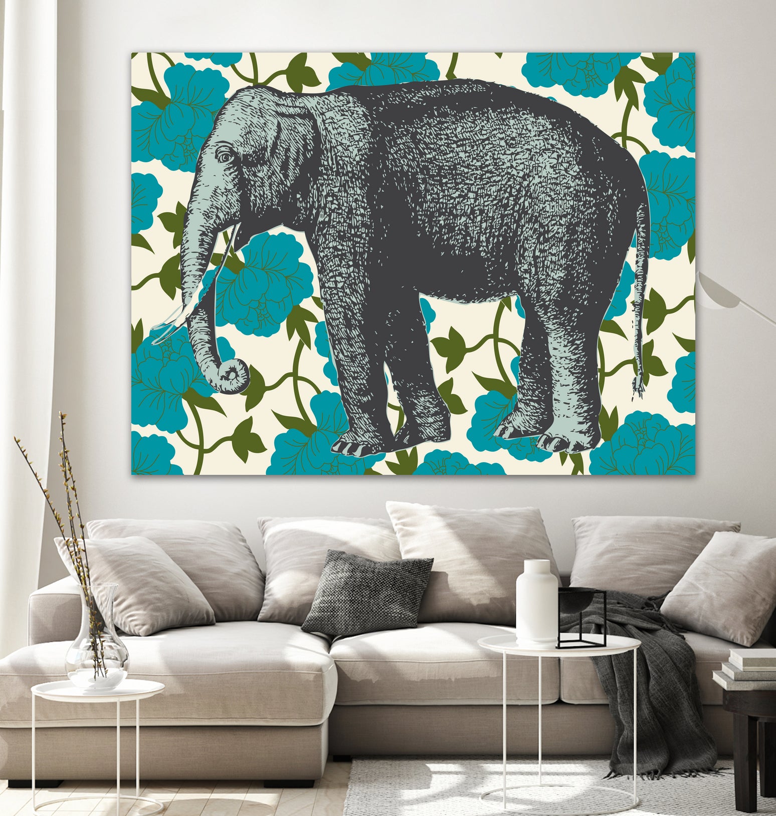 Elephant Floral Aqua by Thomas Fernez on GIANT ART - blue digital drawing