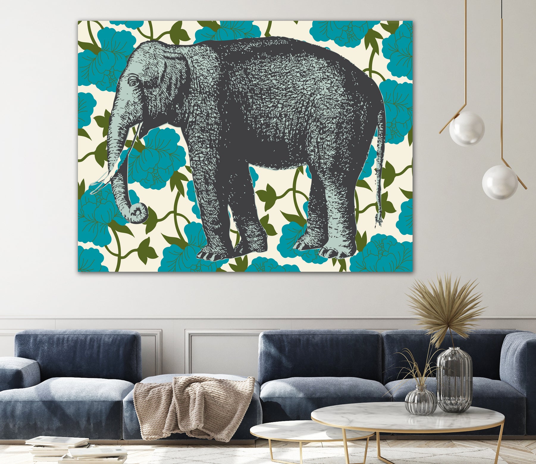 Elephant Floral Aqua by Thomas Fernez on GIANT ART - blue digital drawing