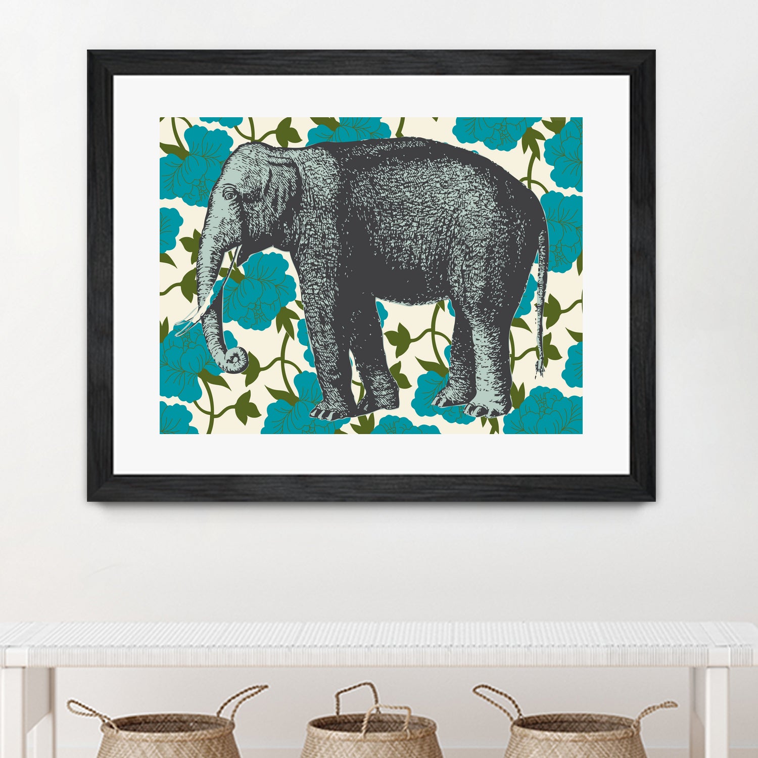 Elephant Floral Aqua by Thomas Fernez on GIANT ART - blue digital drawing