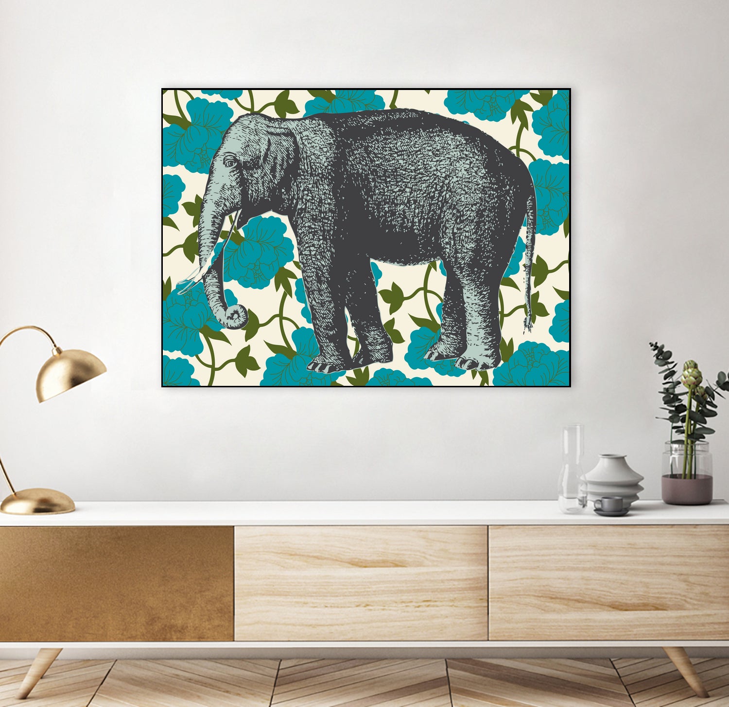 Elephant Floral Aqua by Thomas Fernez on GIANT ART - blue digital drawing