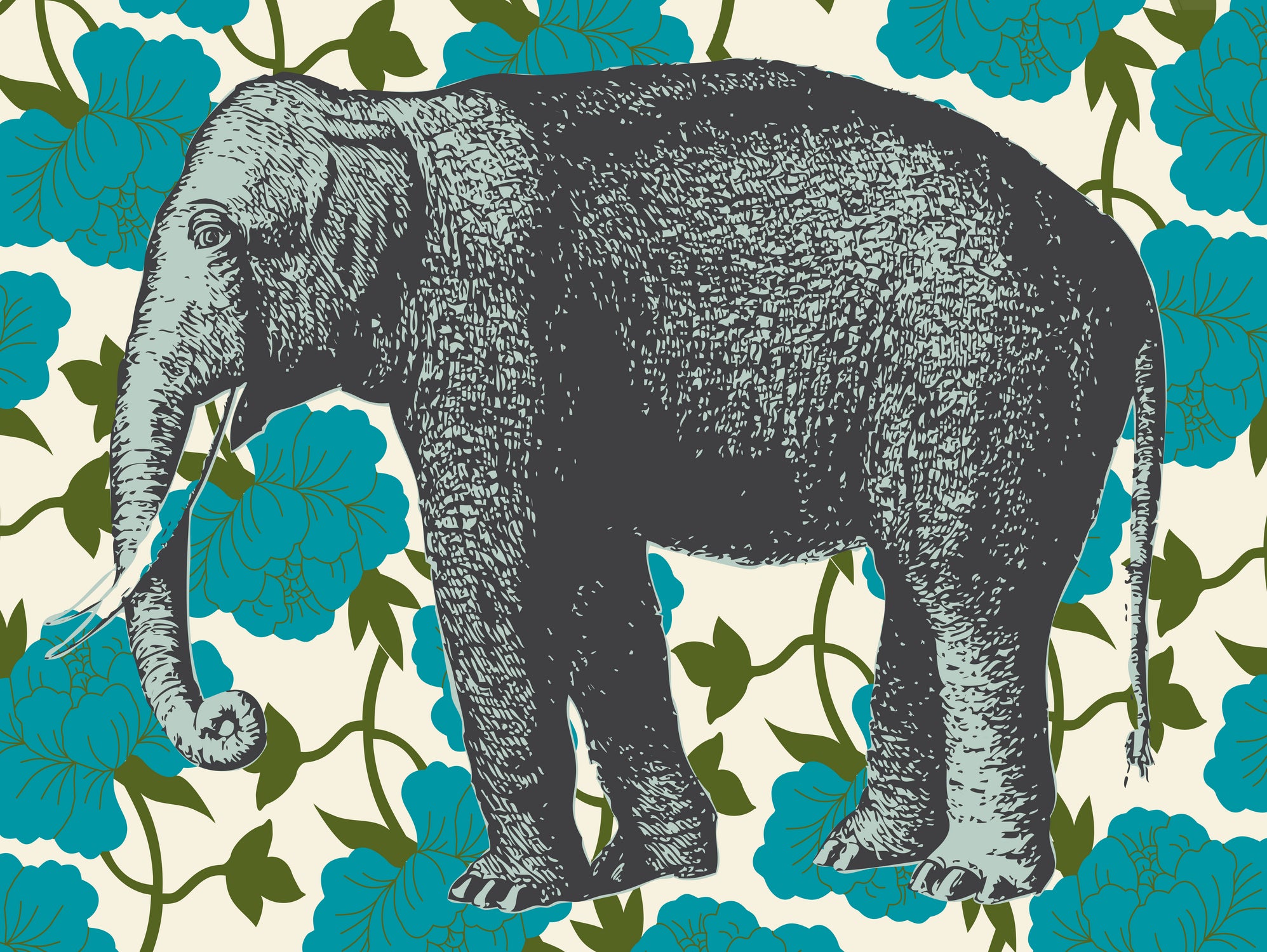 Elephant Floral Aqua by Thomas Fernez on GIANT ART - blue digital drawing