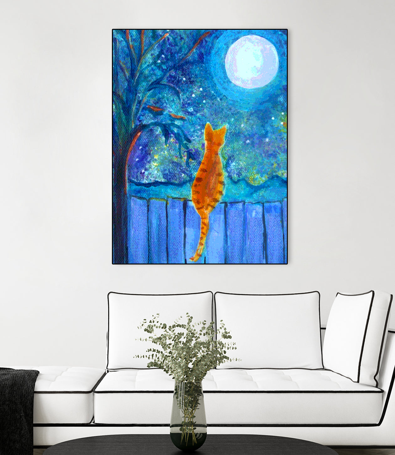 Cat on A Fence in the moonlight by Paintings by gretzky on GIANT ART - blue mixed media