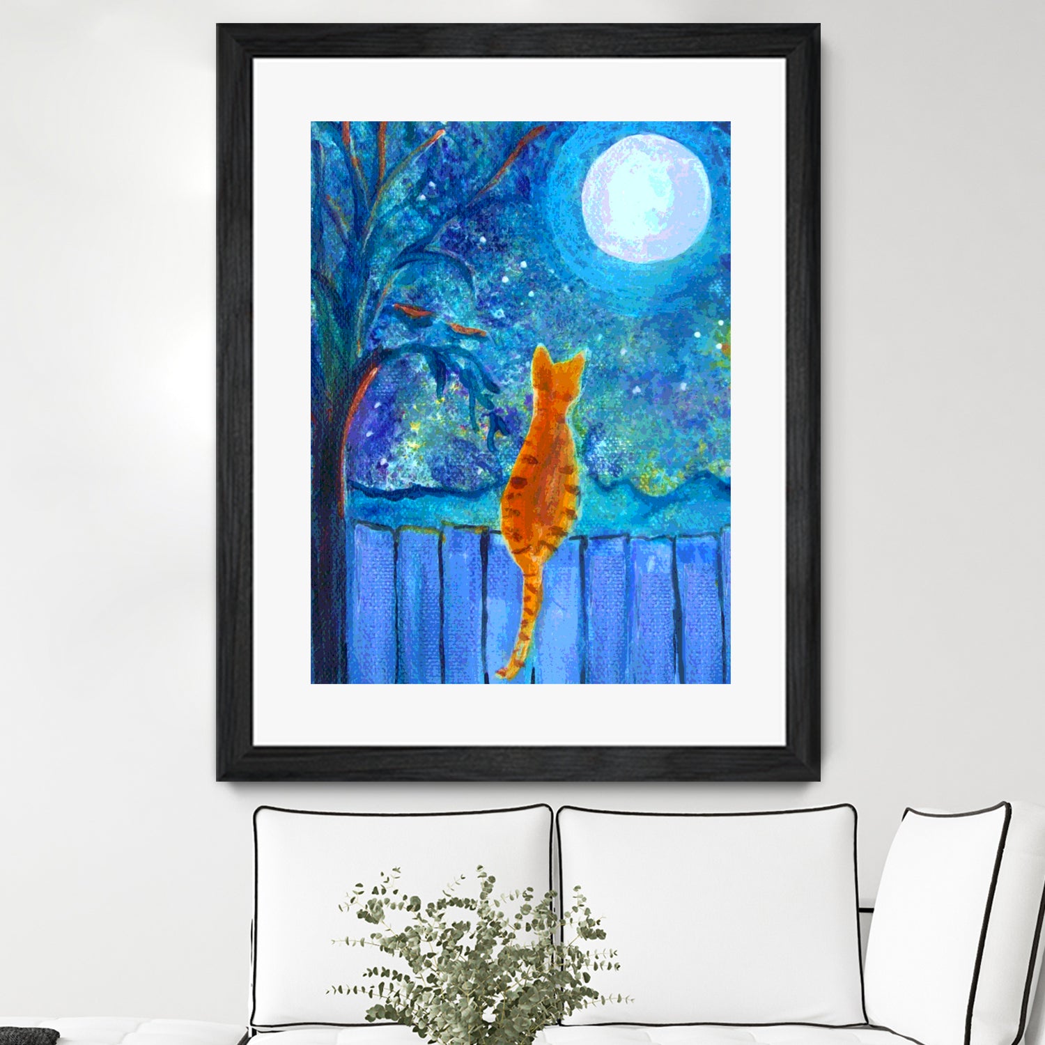 Cat on A Fence in the moonlight by Paintings by gretzky on GIANT ART - blue mixed media