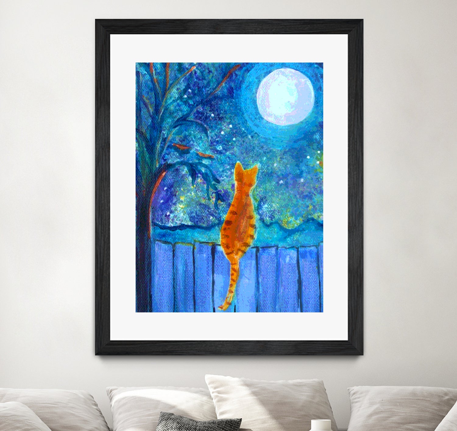 Cat on A Fence in the moonlight by Paintings by gretzky on GIANT ART - blue mixed media