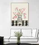 Pink Tulips In a Vase with Checkered Diamonds by Lucy Deaner  on GIANT ART -  flowers and plants